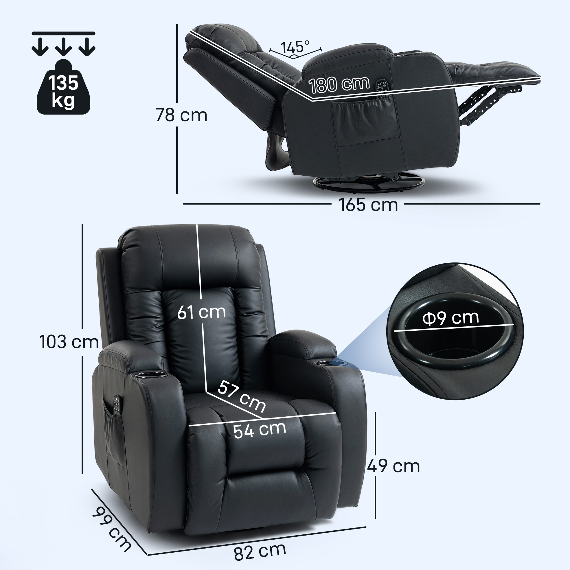 Sillón reclinable negro con dimensiones y portavasos. Máx. 135 kg.