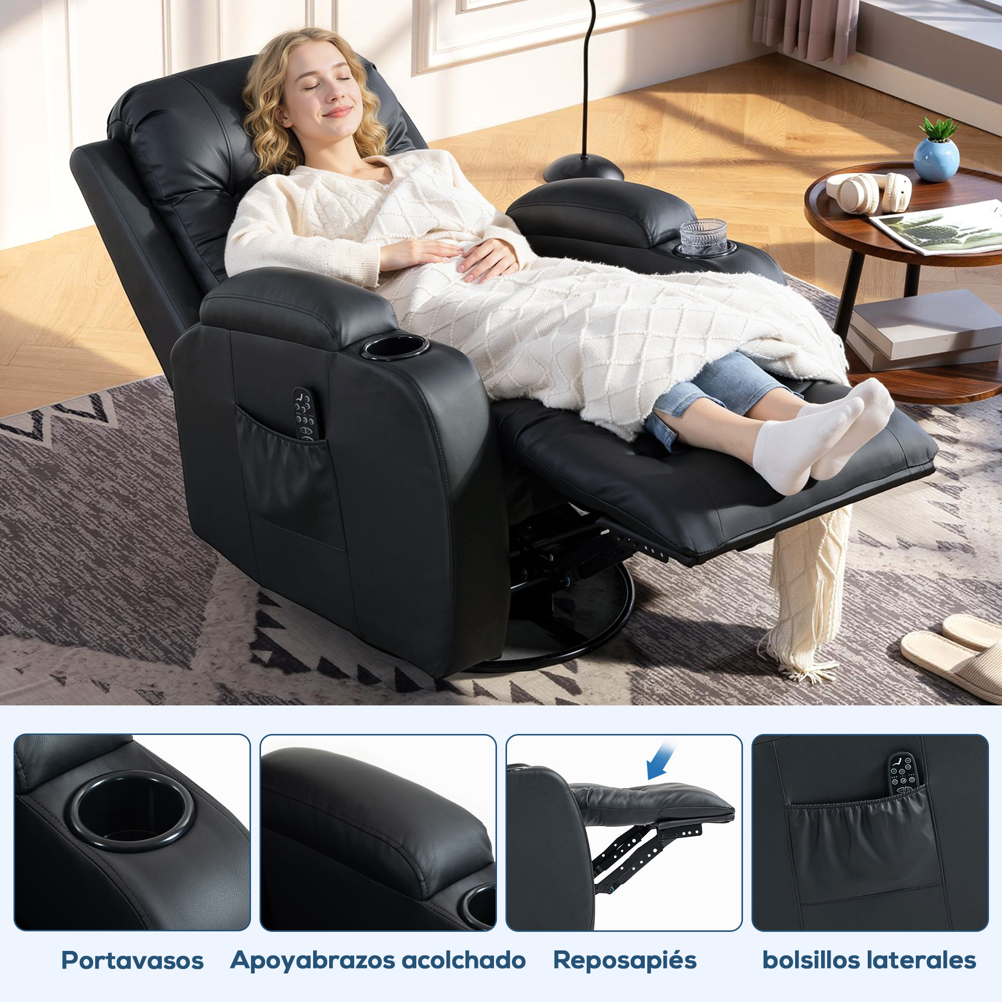 Mujer relajándose en sillón reclinable negro con manta, portavasos y reposapiés.