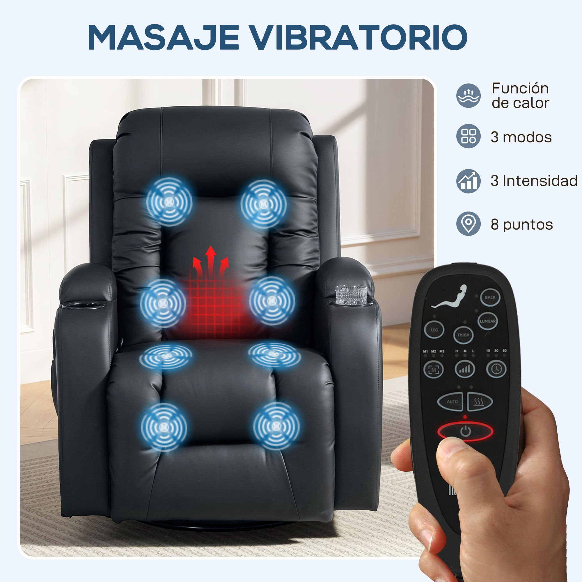 Sillón de masaje negro con mando a distancia, símbolos de calor y vibración.