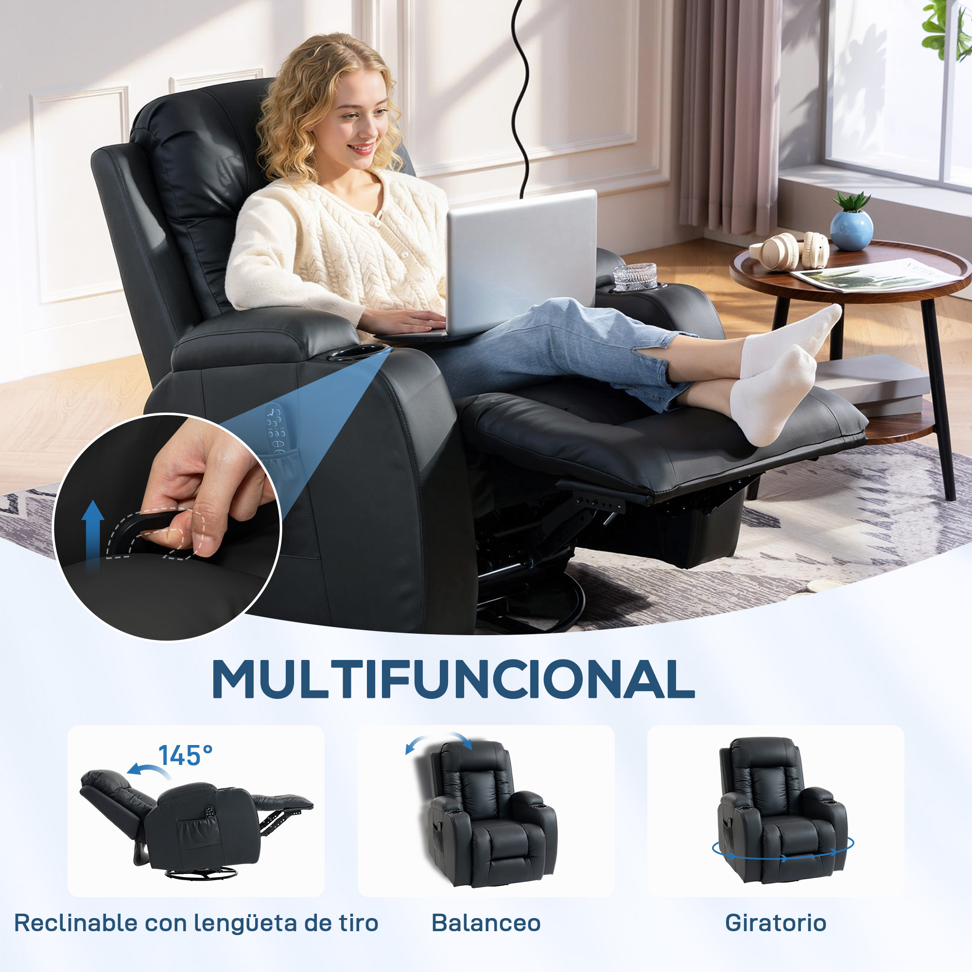 Una mujer se sienta en un sillón de masaje negro, usando un portátil. El sillón tiene reposapiés y reposacabezas.
