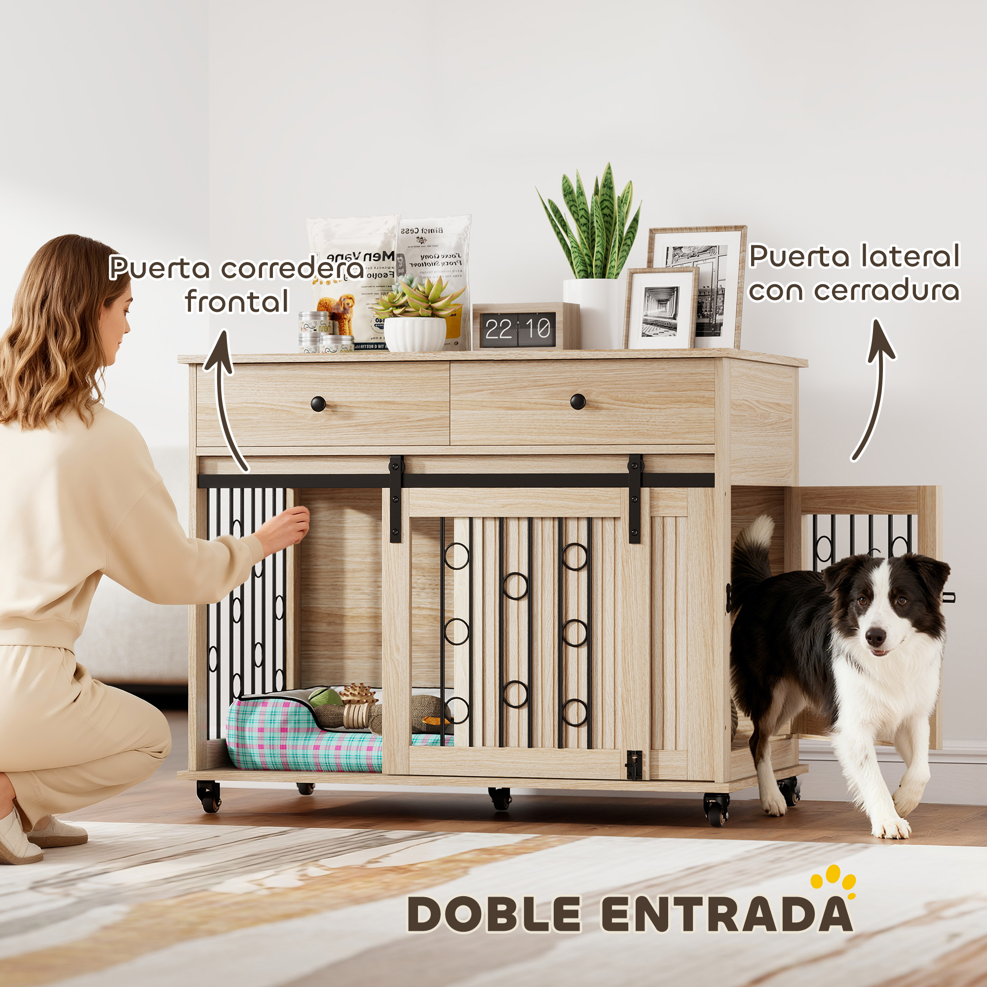 Un perro sale de un mueble de madera con puertas correderas y cama.