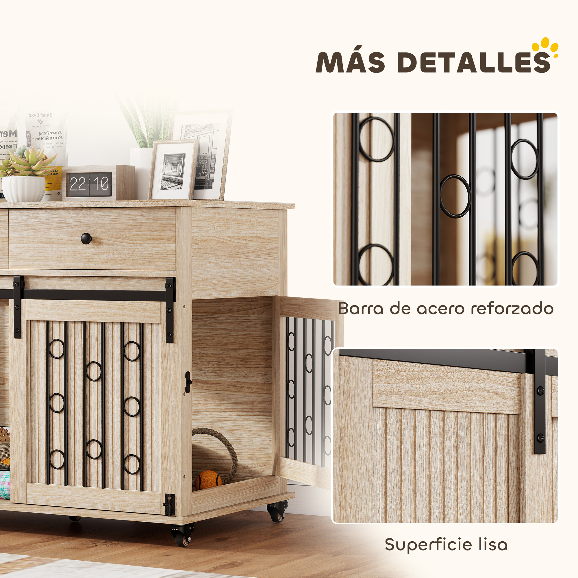 Mueble de madera con detalles de acero, cajón, puerta y ruedas.