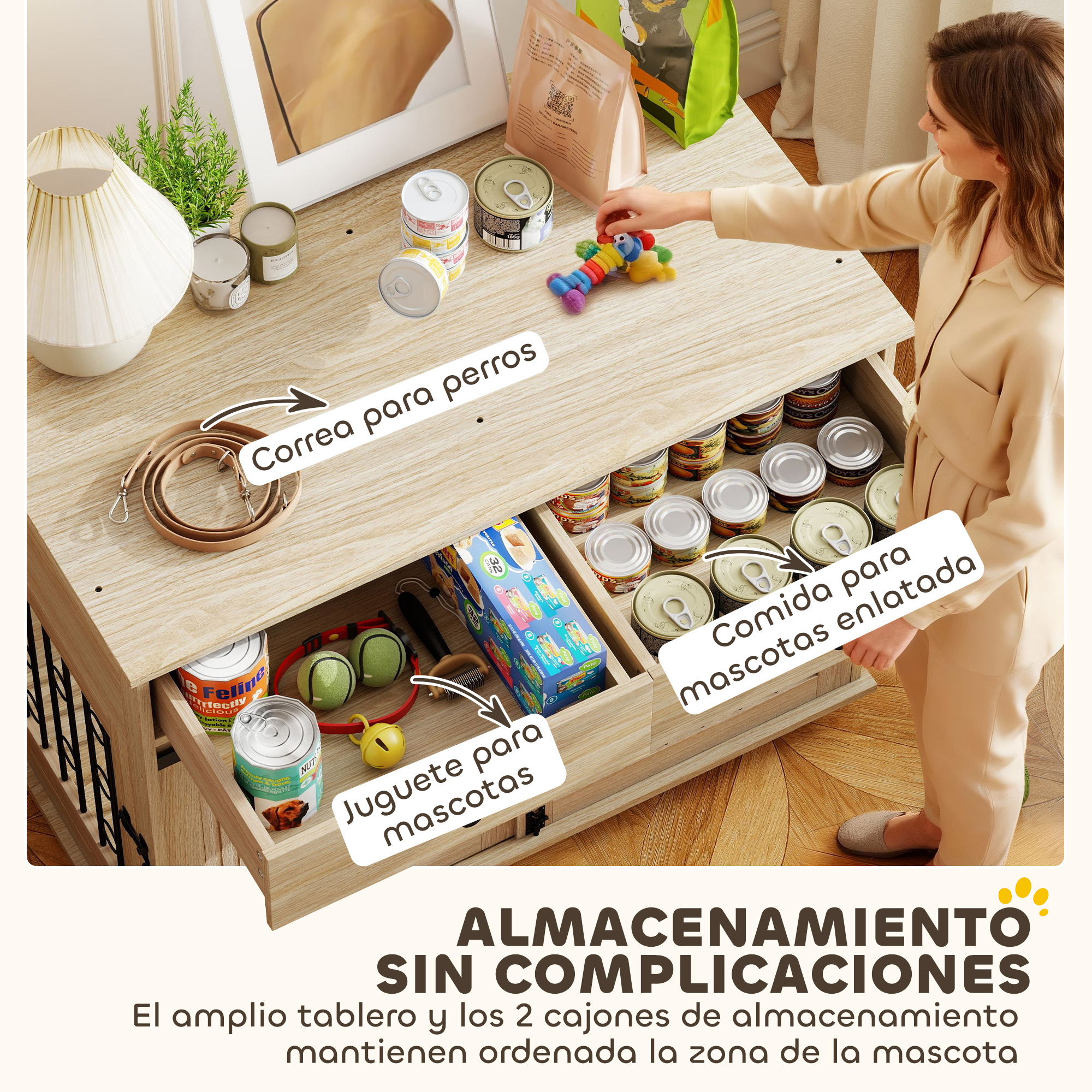 Una mesa auxiliar para mascotas con cajones, que contiene comida enlatada, juguetes y correas.