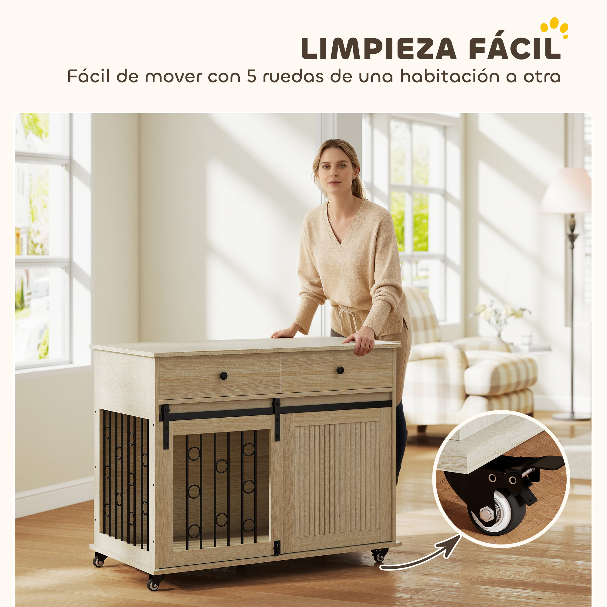 Una mujer está al lado de un mueble de madera claro con ruedas.