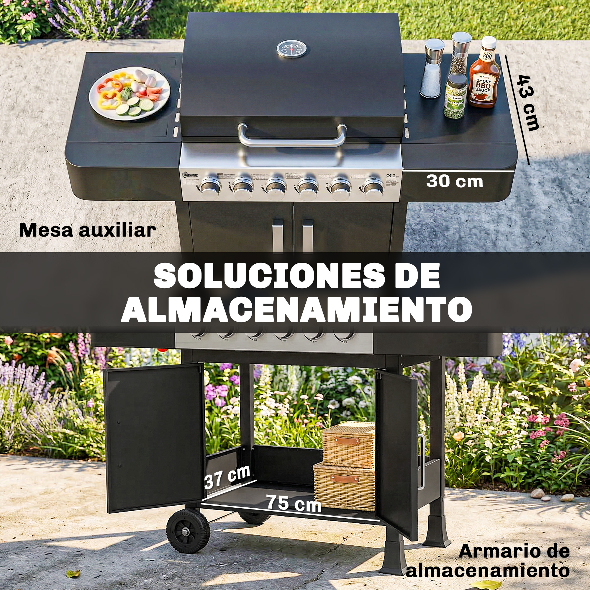Una barbacoa con estantes laterales, condimentos y una unidad de almacenamiento inferior.