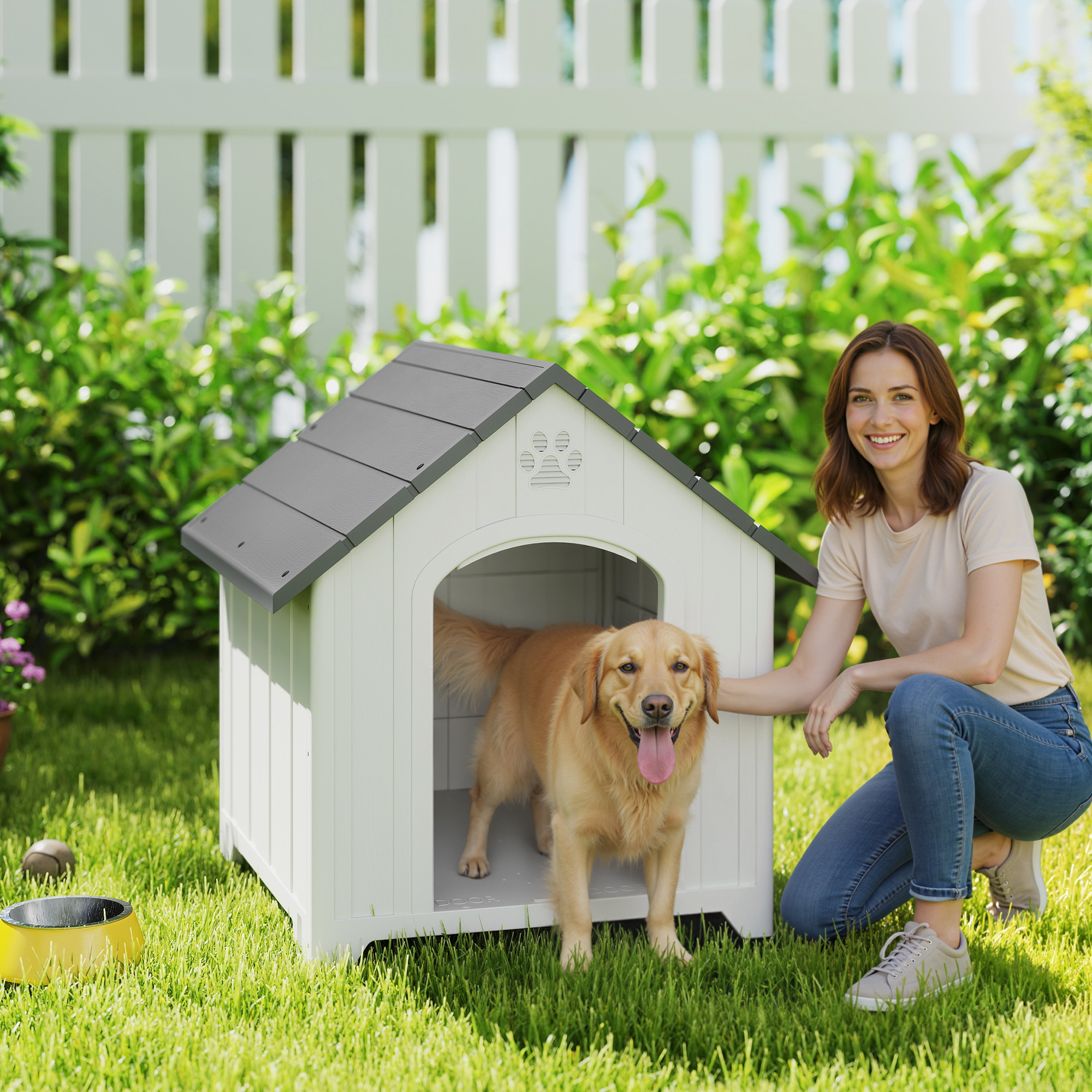 Mujer y Golden Retriever junto a caseta de perro en jardín, valla y vegetación detrás.