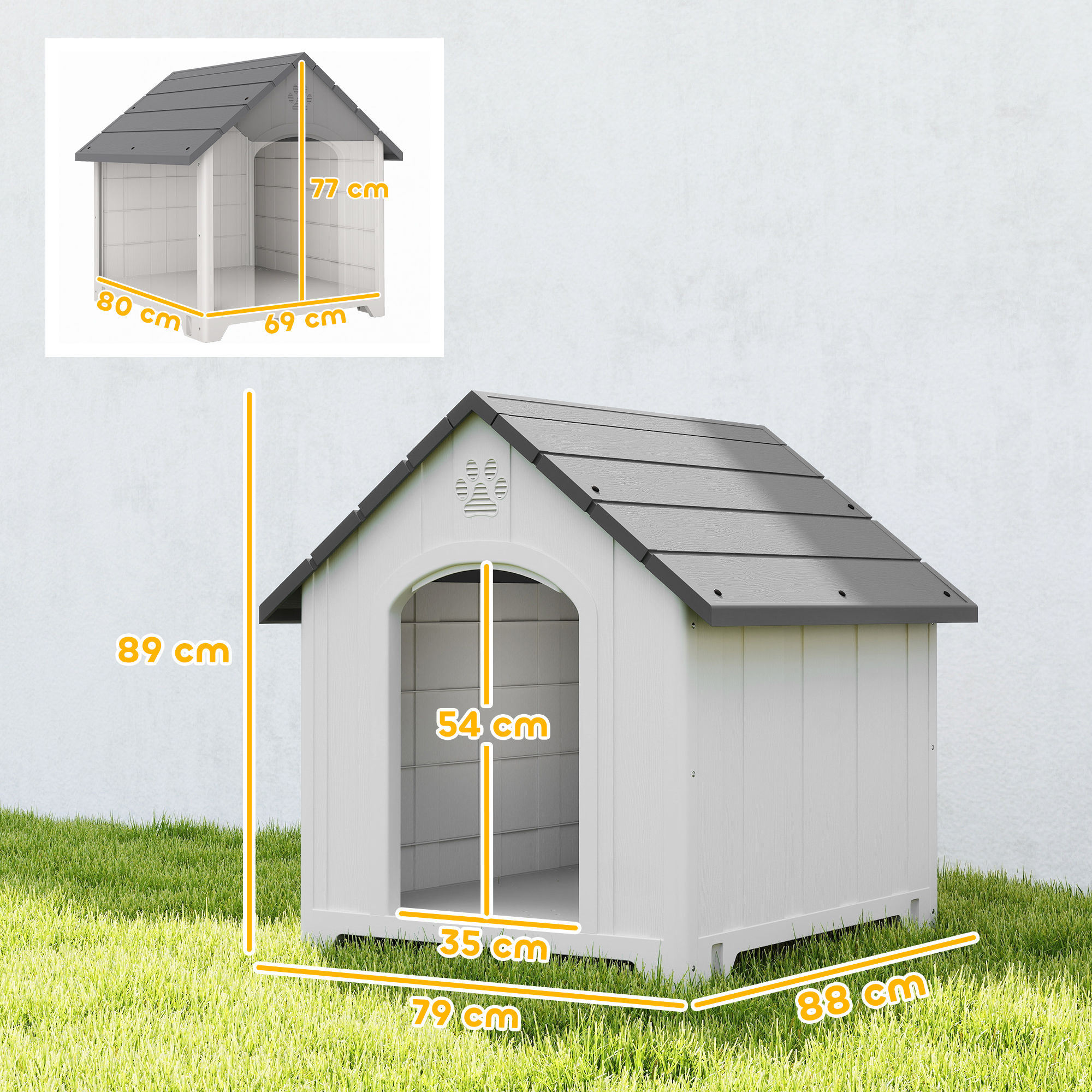 Una caseta para perros blanca con techo gris, se indican las dimensiones.