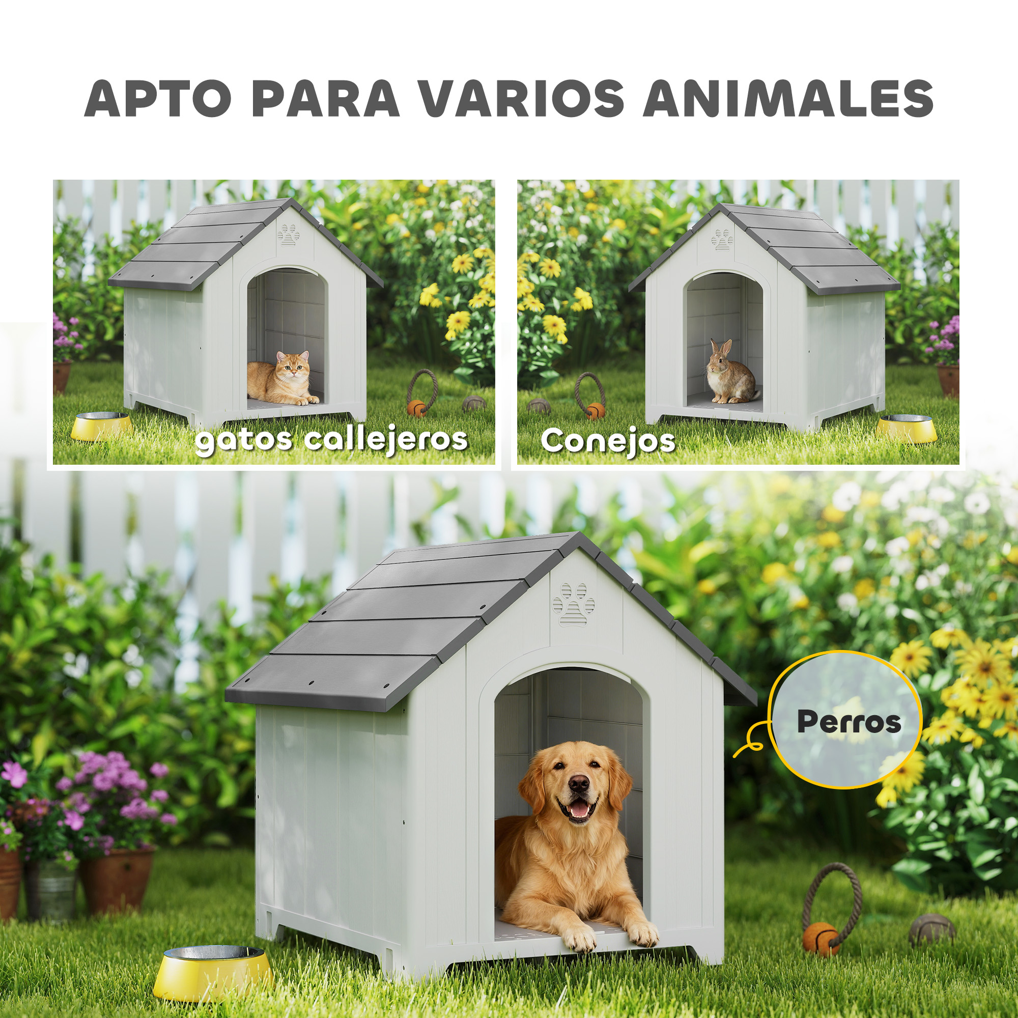 Tres casetas de perro en un jardín: una para gatos, una para conejos, una para perros.