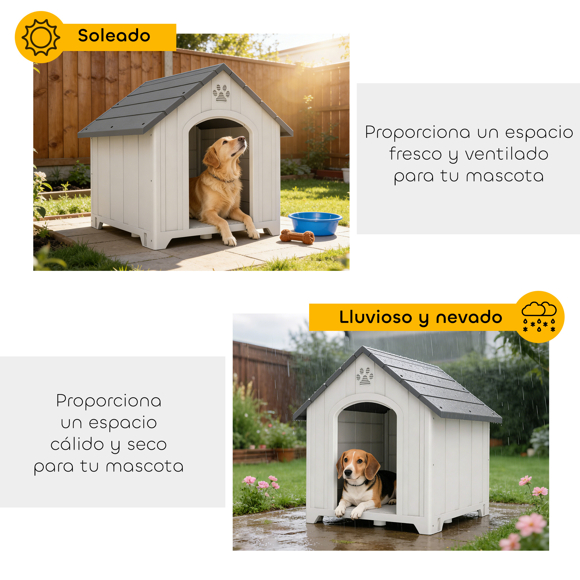 Un perro en una caseta bajo el sol y la lluvia. Para mascotas.