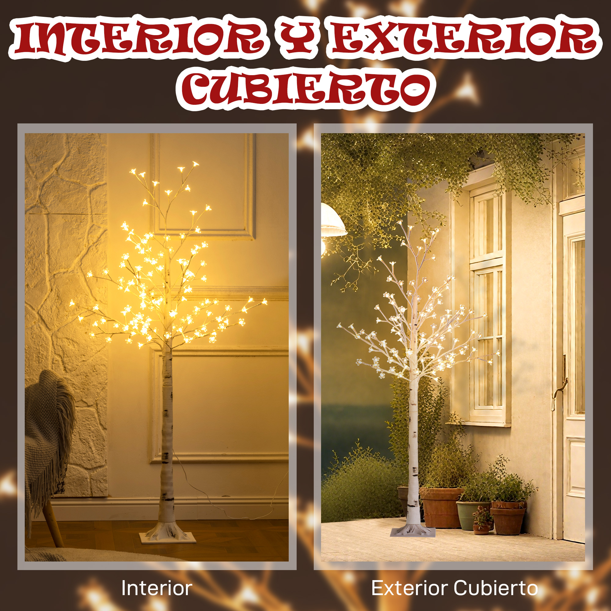 Árbol decorativo con luces, mostrado en interior y exterior.