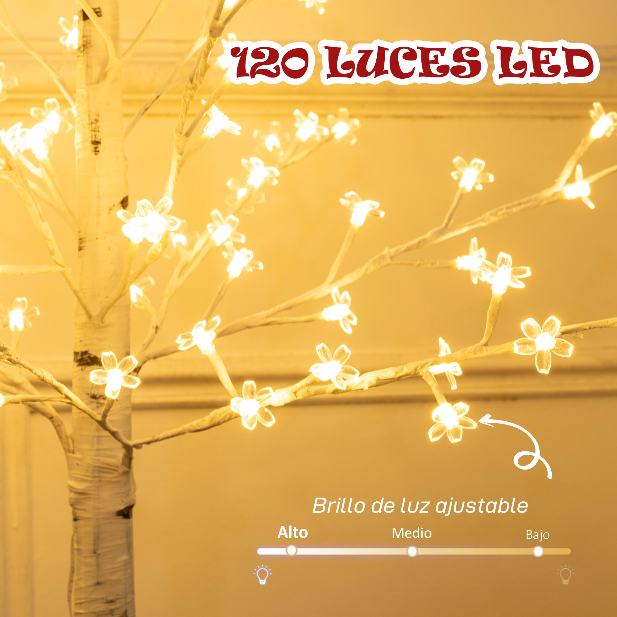 Un árbol blanco con luces LED de flores y un control deslizante de brillo.