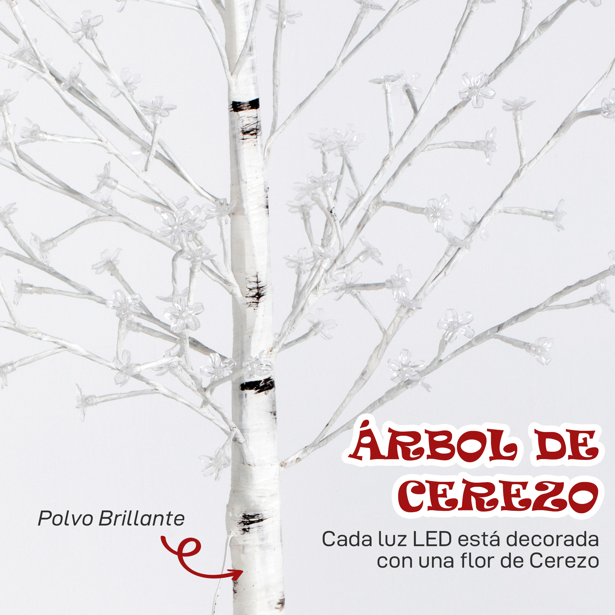 Un tronco de árbol artificial blanco con ramas, decorado con flores transparentes y LEDs.