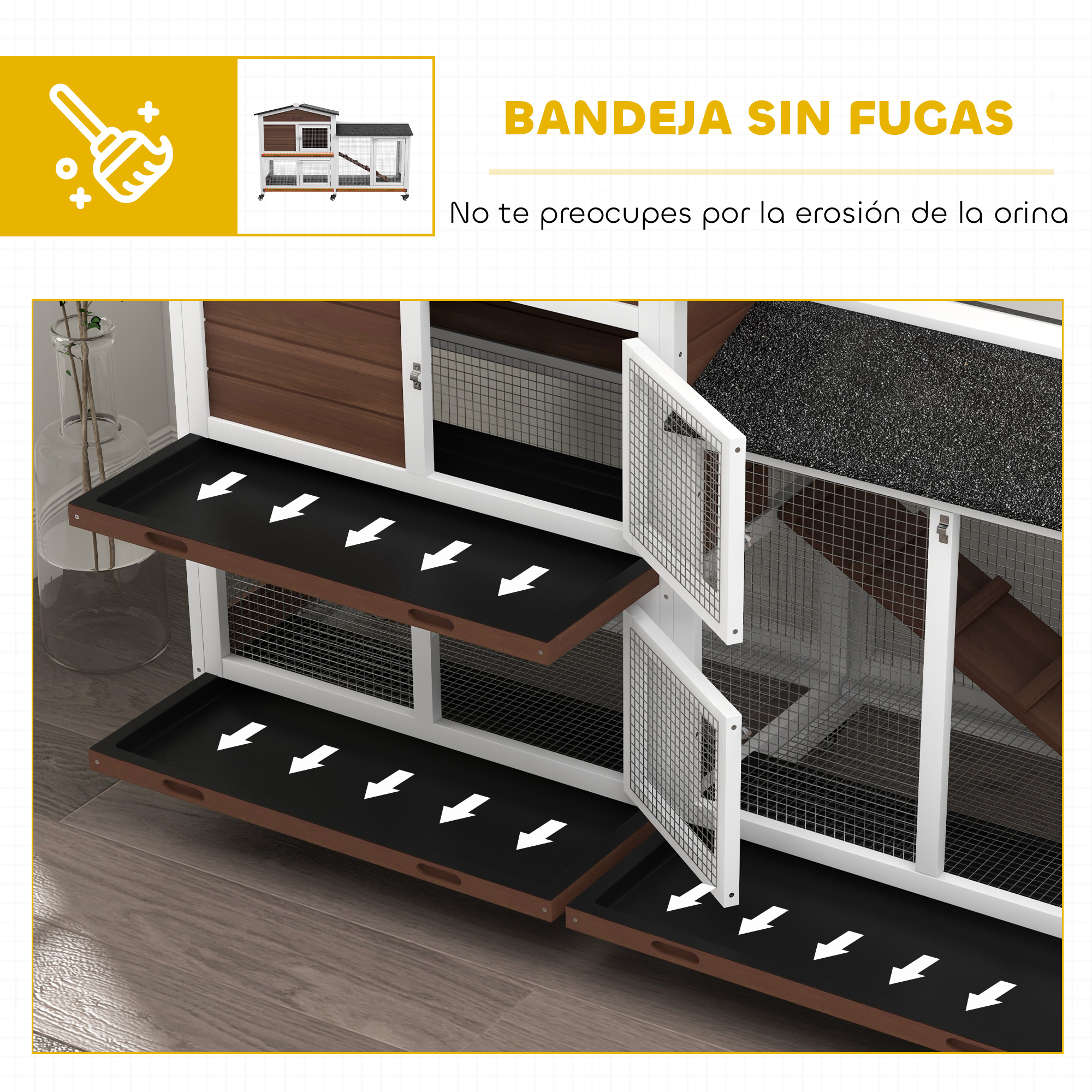 Una conejera de varios niveles con bandejas extraíbles y flechas que indican la limpieza.