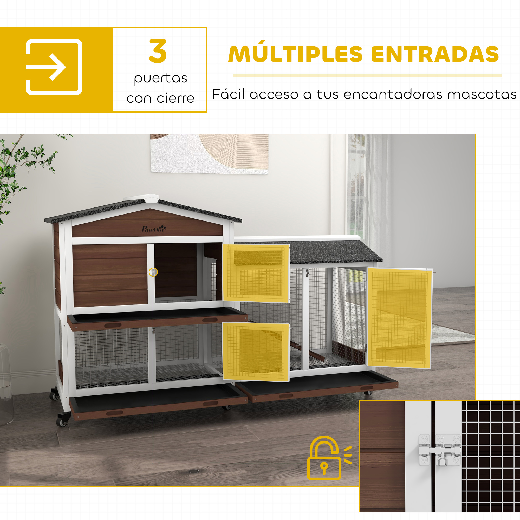 Una jaula marrón y blanca para mascotas con múltiples puertas, tres de ellas cerrables.