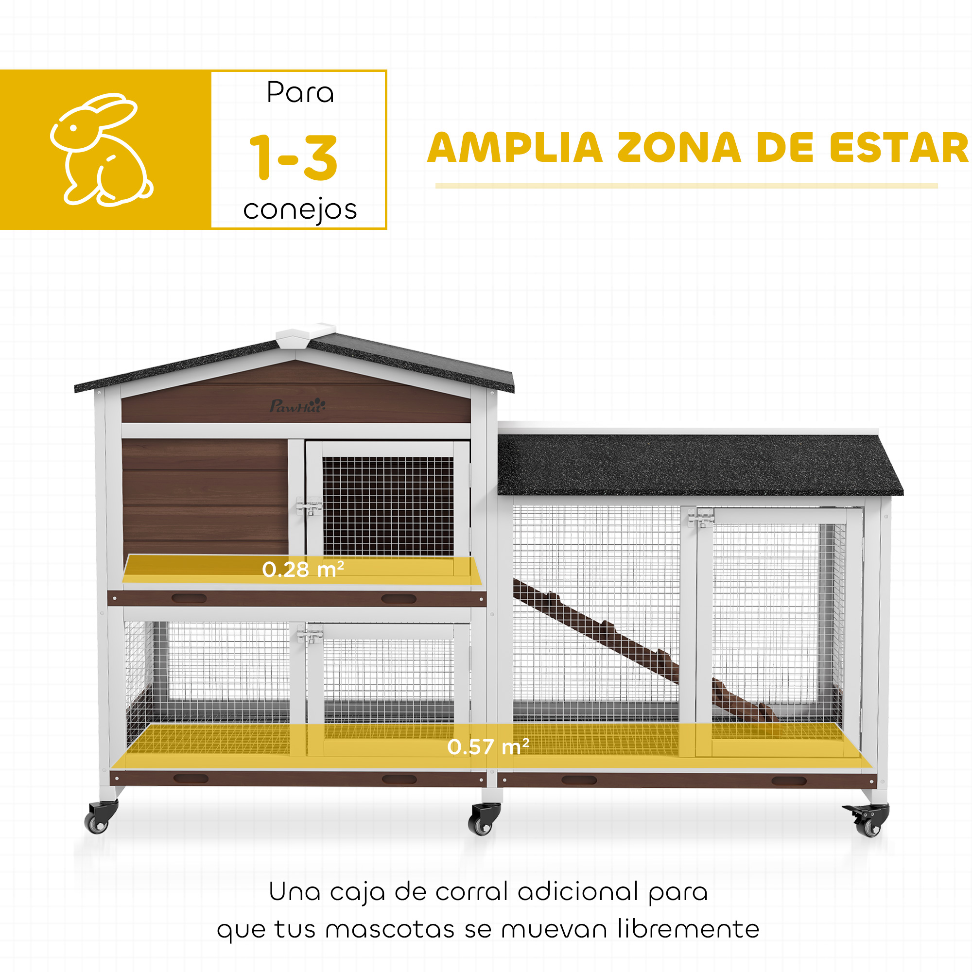 Un espacioso corral para conejos de dos niveles con detalles en madera y rejilla.