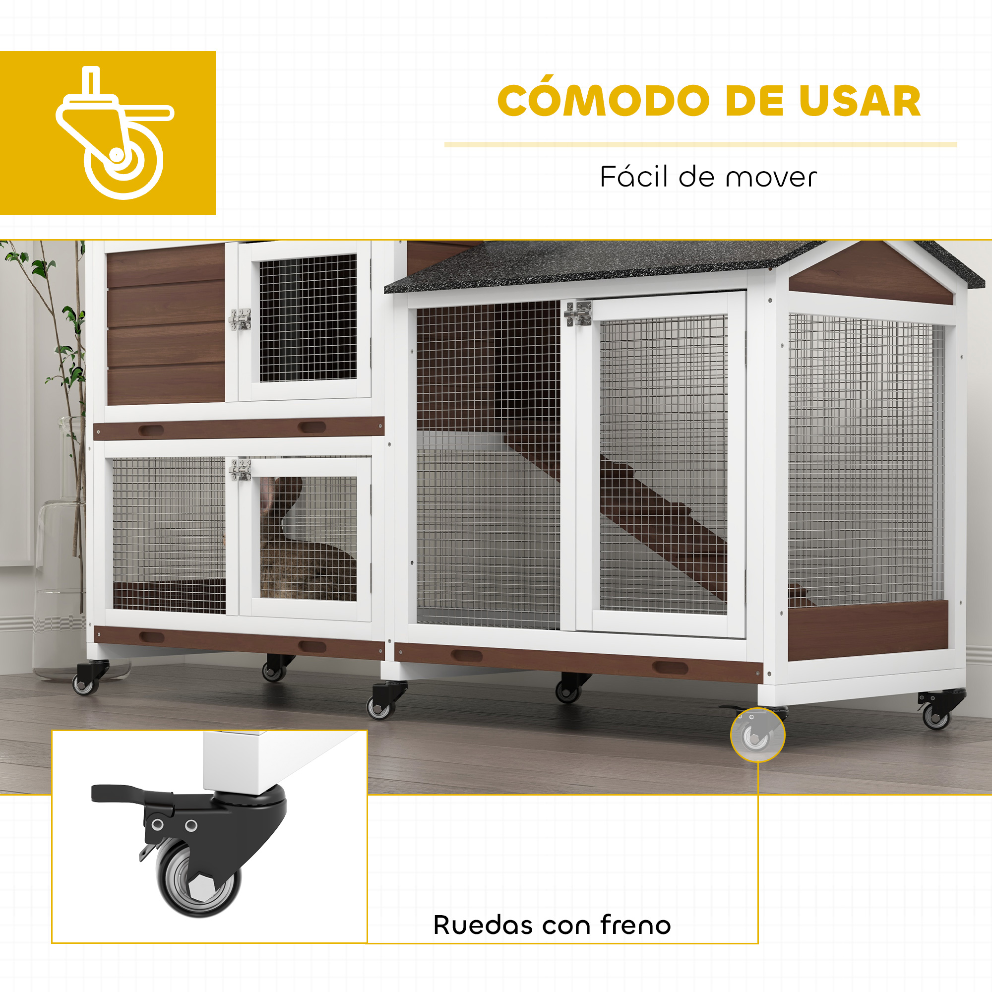 Una jaula de varios niveles con ruedas y frenos, diseñada para mascotas pequeñas.