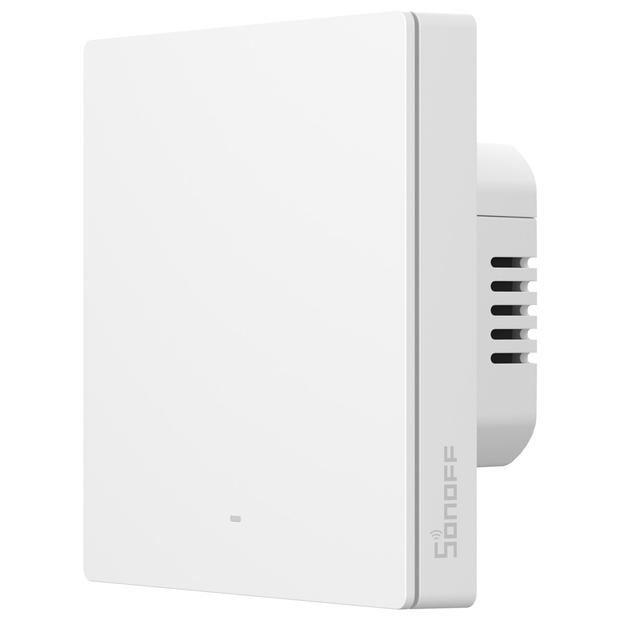 Biały przełącznik inteligentnego domu z otworami wentylacyjnymi i logo Sonoff.