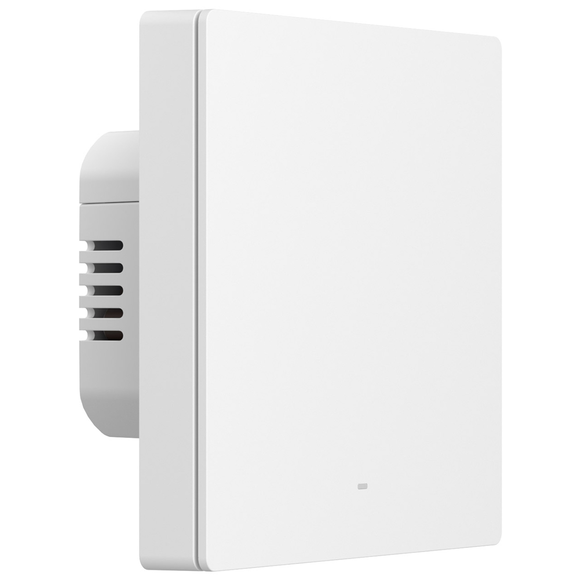 Biały włącznik ścienny z otworami wentylacyjnymi po lewej stronie.
