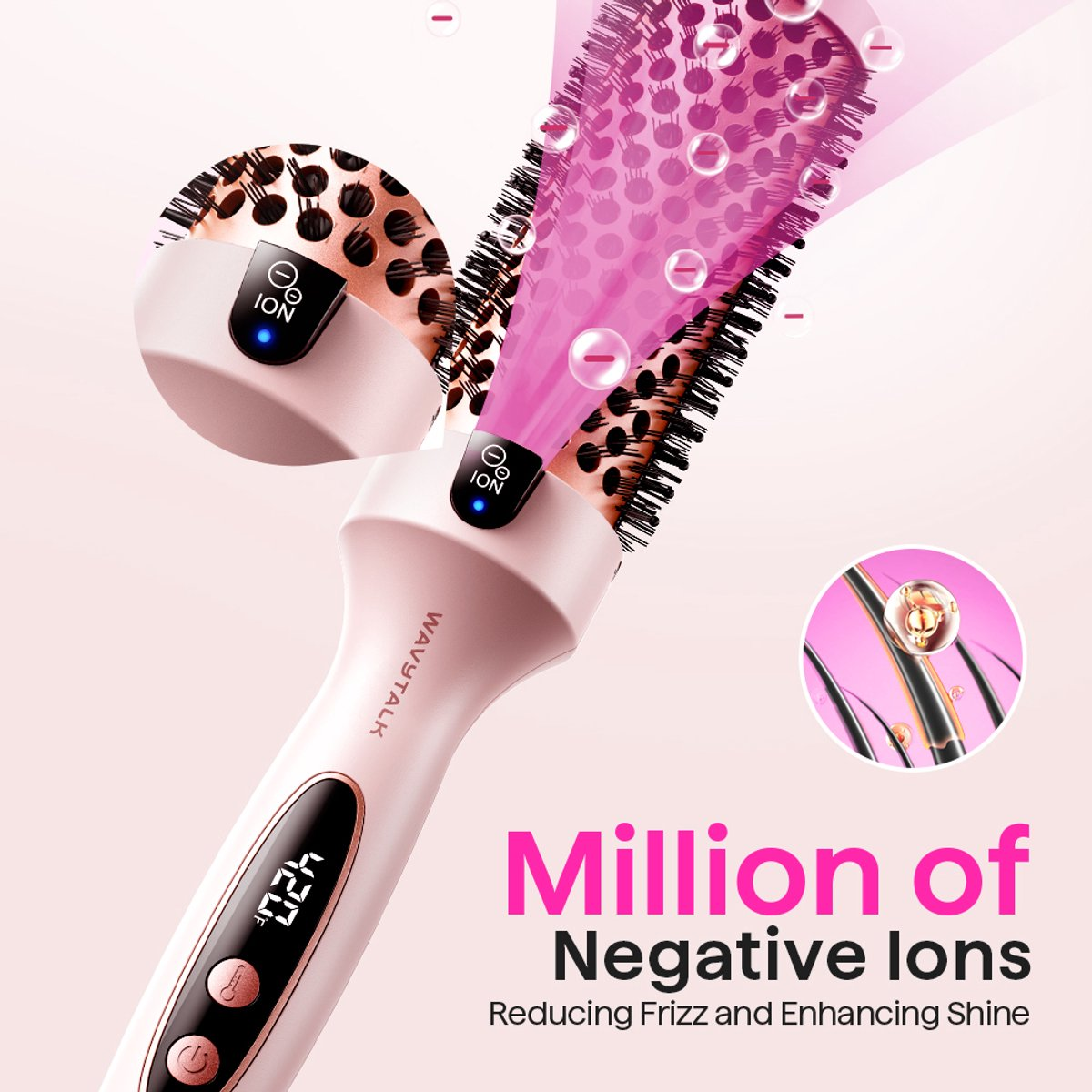 A pink ionic hair dryer brush head with airflow and bubbles.