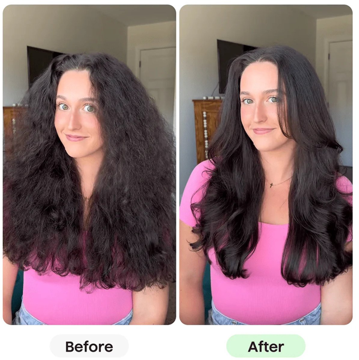 Before and after comparison: Woman with full, frizzy hair then with smooth, voluminous hair.