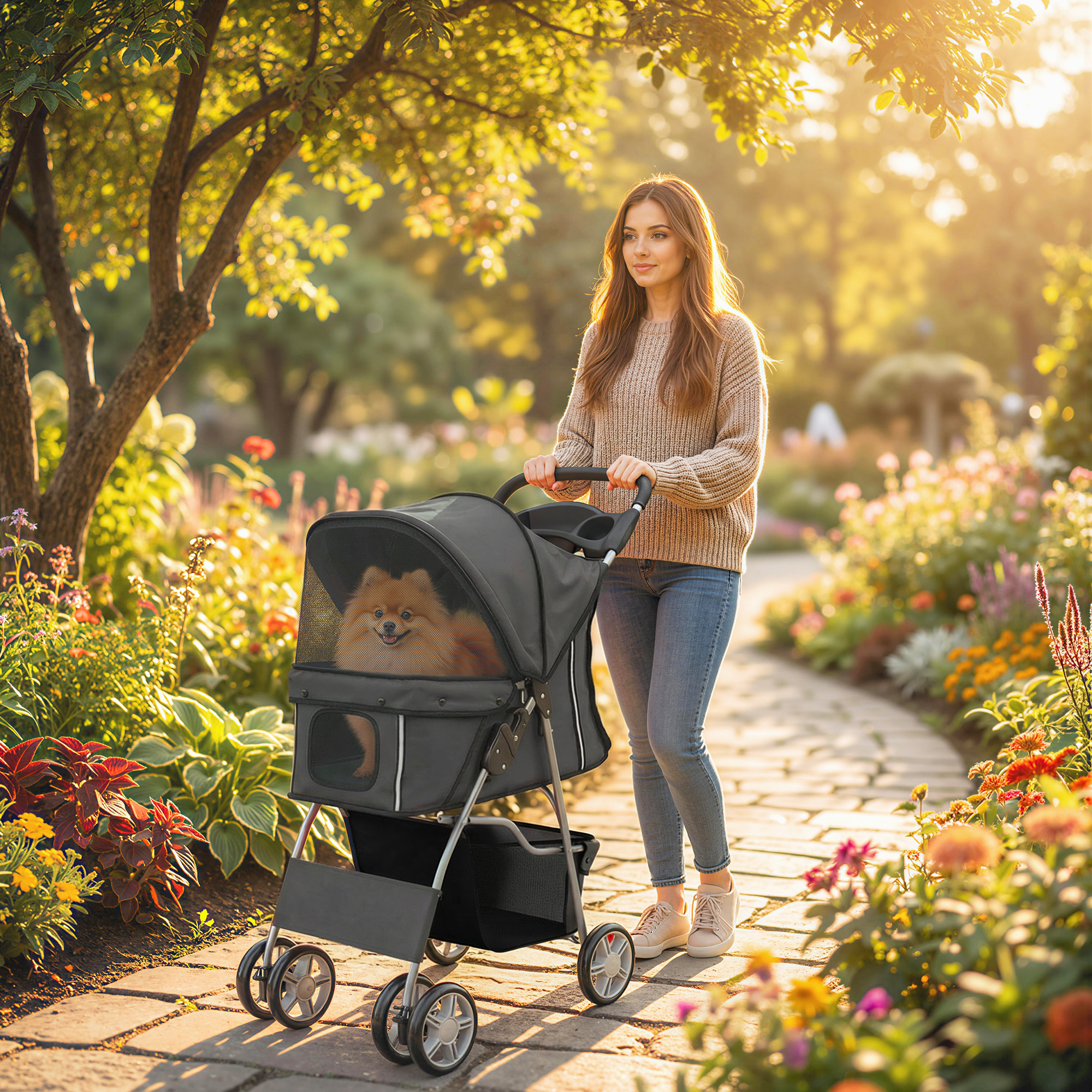 Mujer empuja un cochecito con un perro Pomerania por un camino soleado en el jardín.