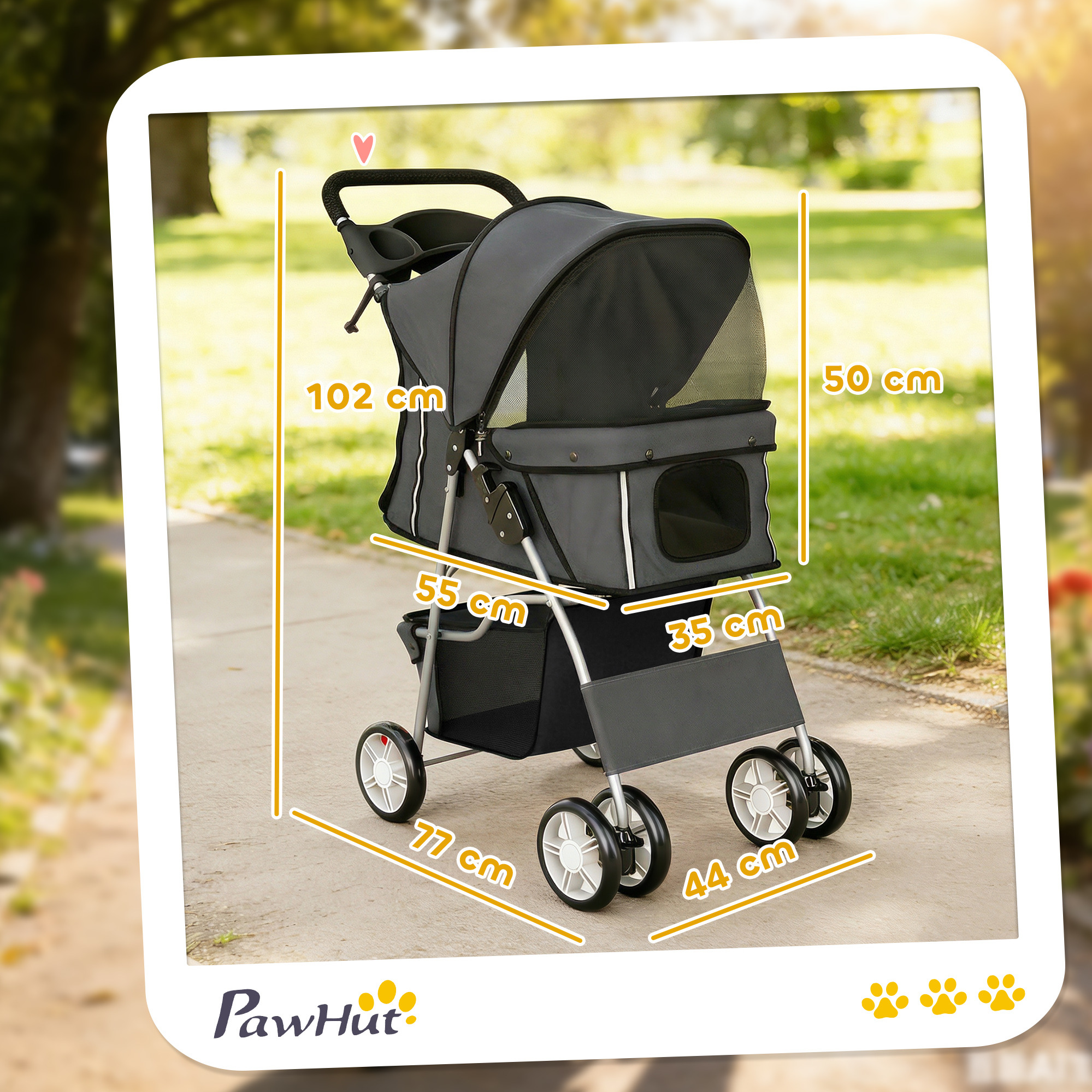 Un cochecito gris para mascotas con dimensiones 102x50x55x35x77x44 cm al aire libre.