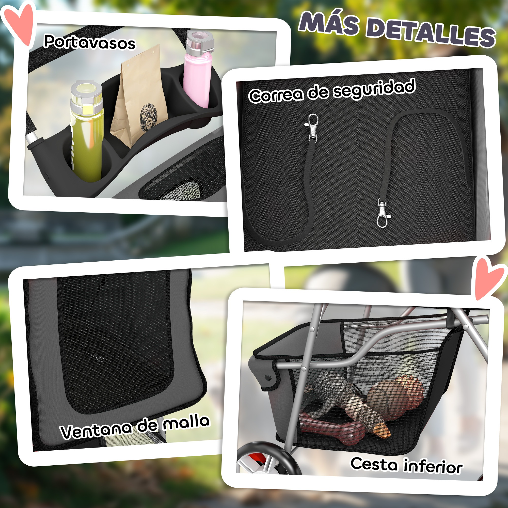 Cuatro primeros planos muestran detalles del cochecito: portavasos, correa, ventana de malla y cesta inferior.