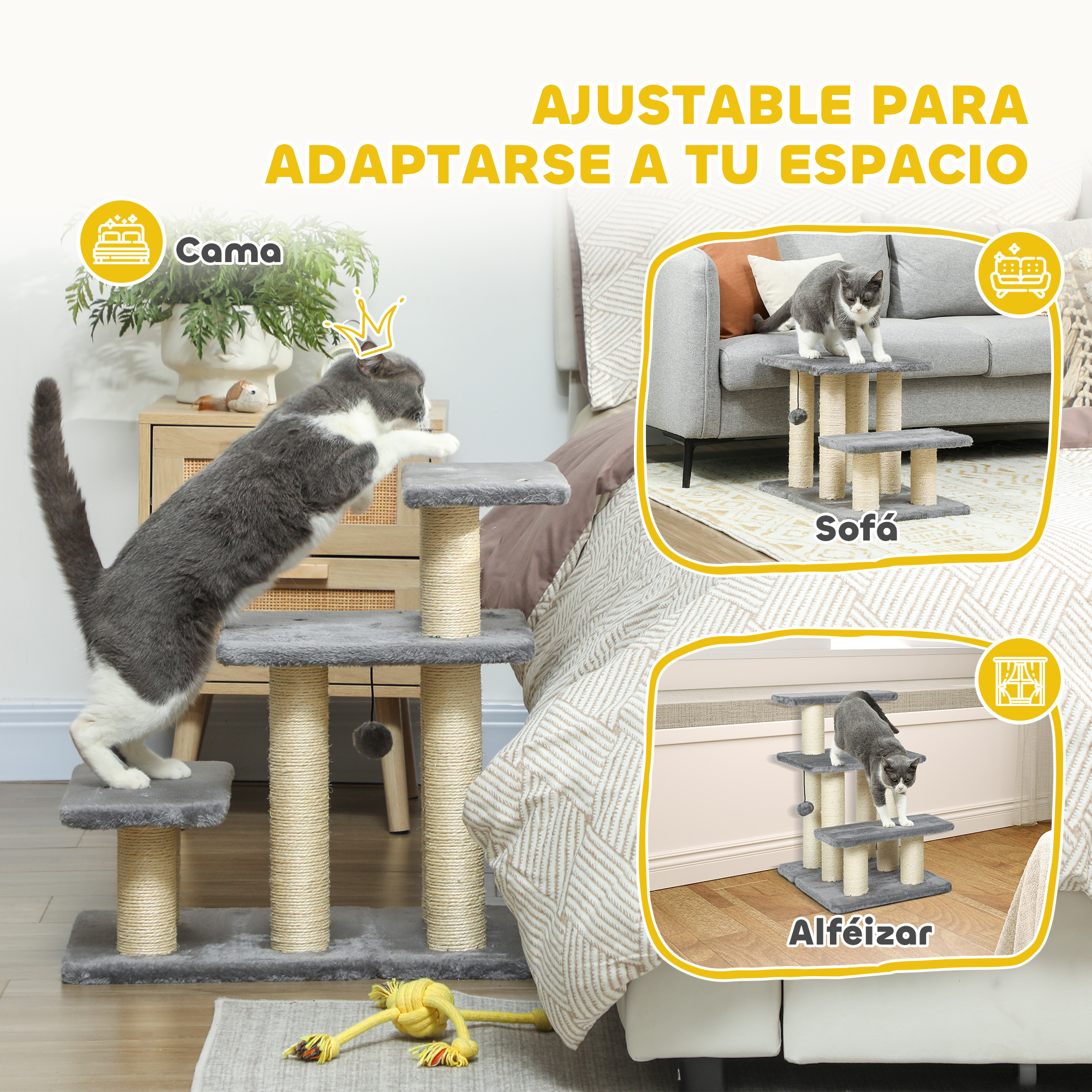 Un gato gris y blanco trepa por un rascador de varios niveles junto a una cama.