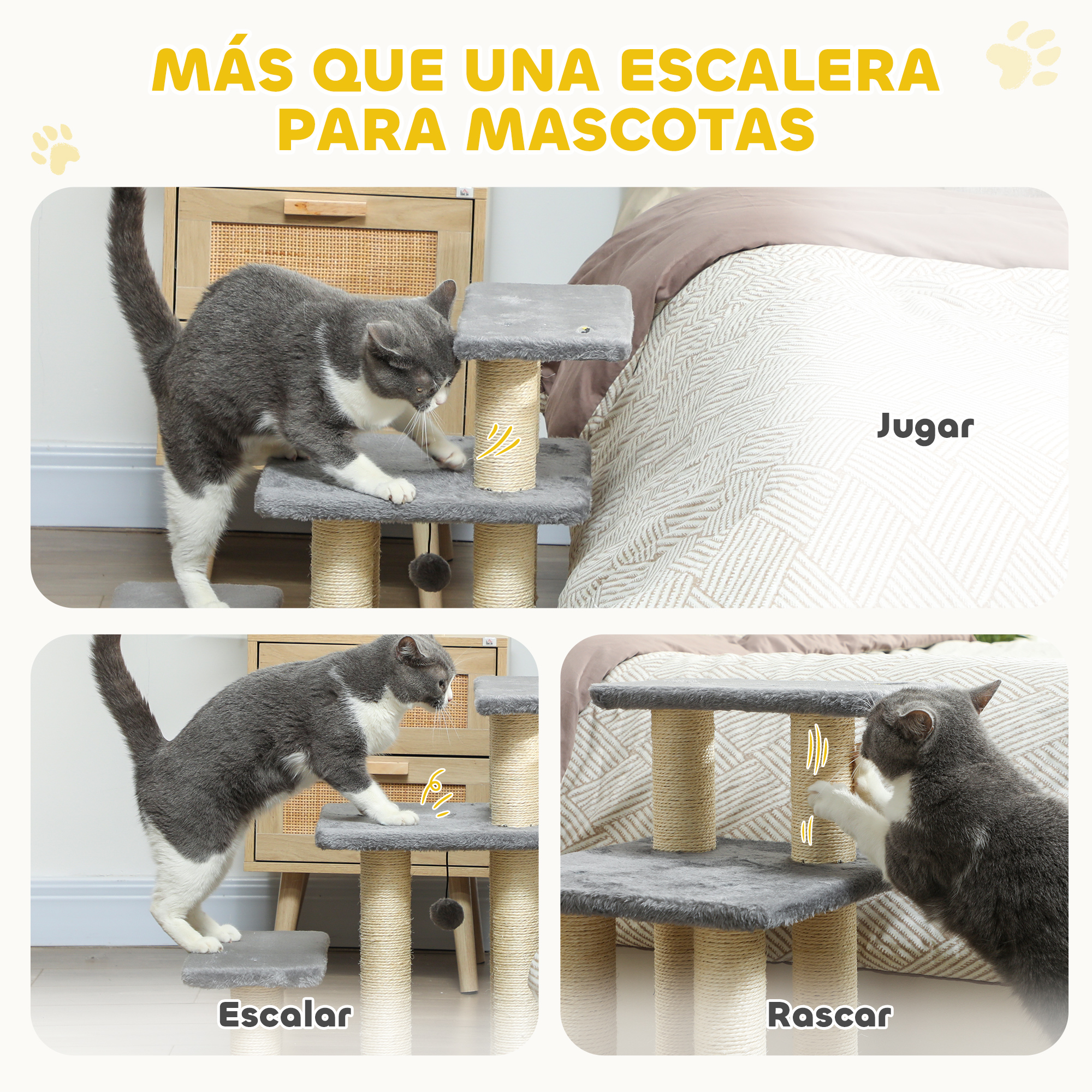 Gato gris y blanco jugando en un árbol para gatos de varios niveles.