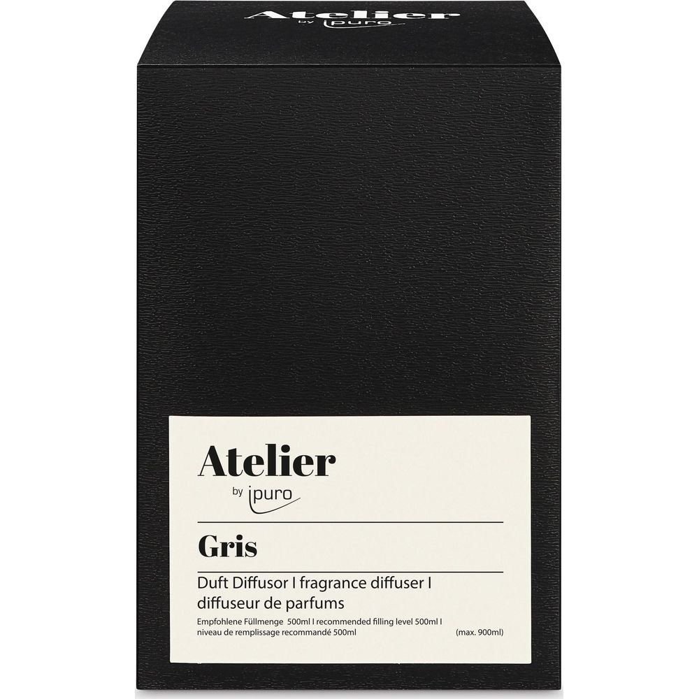 Dunkelgraue Verpackung für "Gris" Duft Diffusor mit Text.