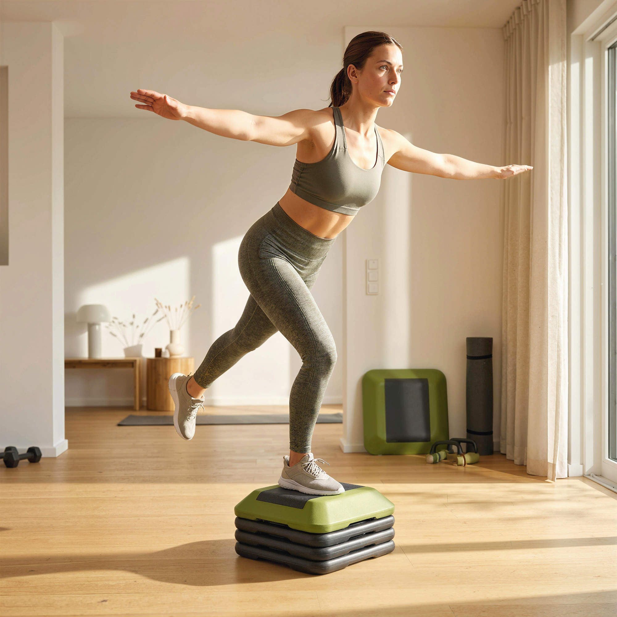 Mujer realiza ejercicio de equilibrio en plataforma de step en sala luminosa.