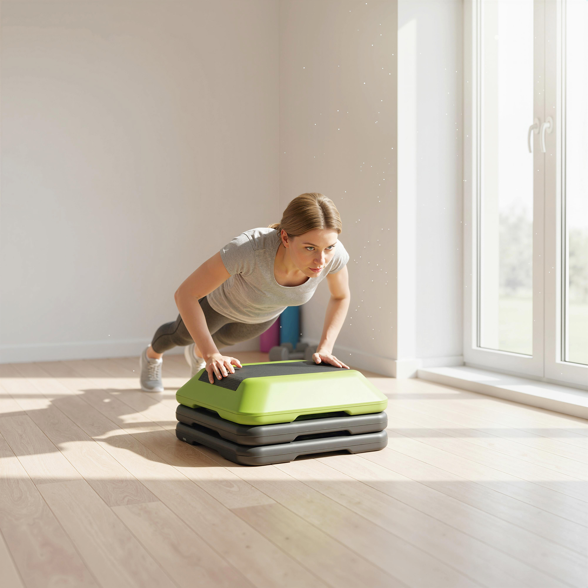 Una mujer hace flexiones sobre un step aeróbico verde y gris en una habitación luminosa.