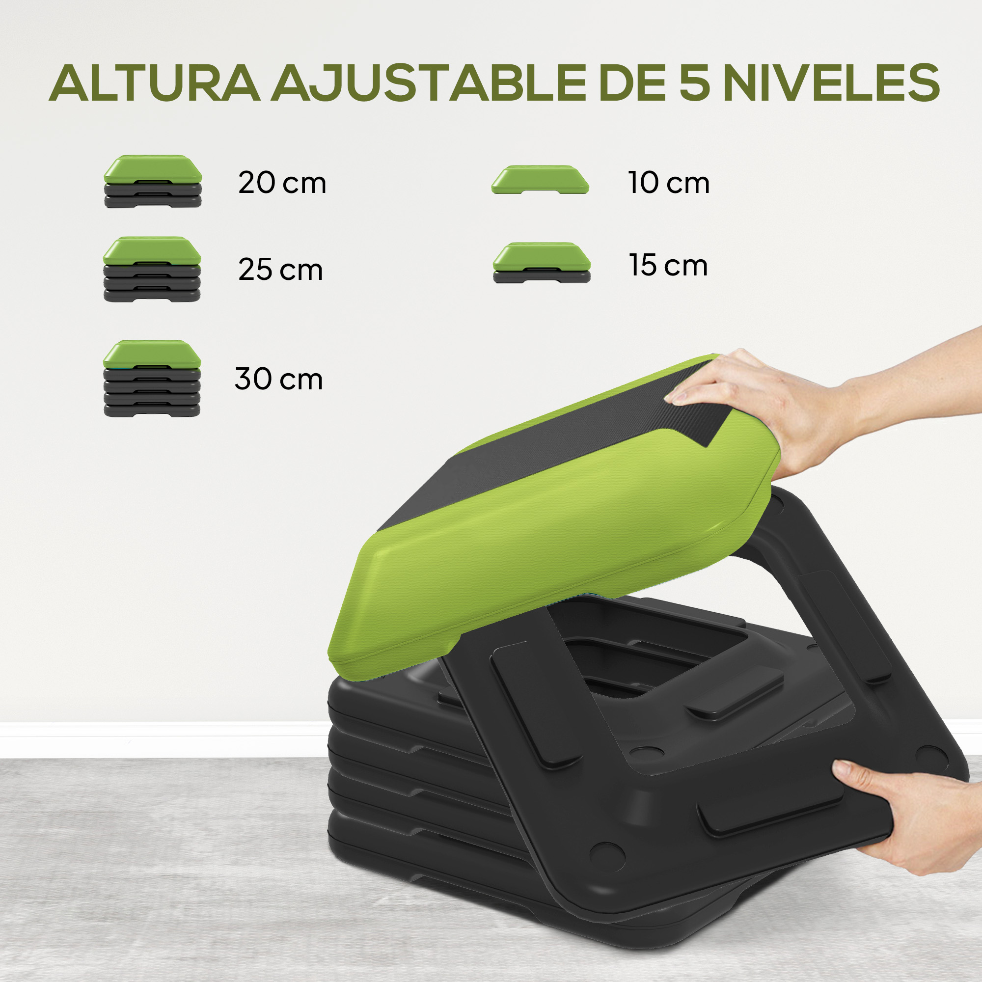 Step aeróbico ajustable con 5 alturas: 10-30cm. Negro/verde.