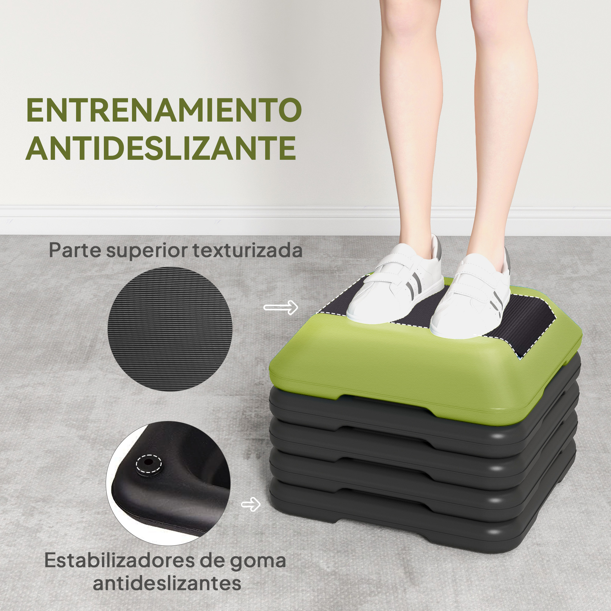 Persona de pie sobre un step aeróbico verde y negro. Se muestran detalles.