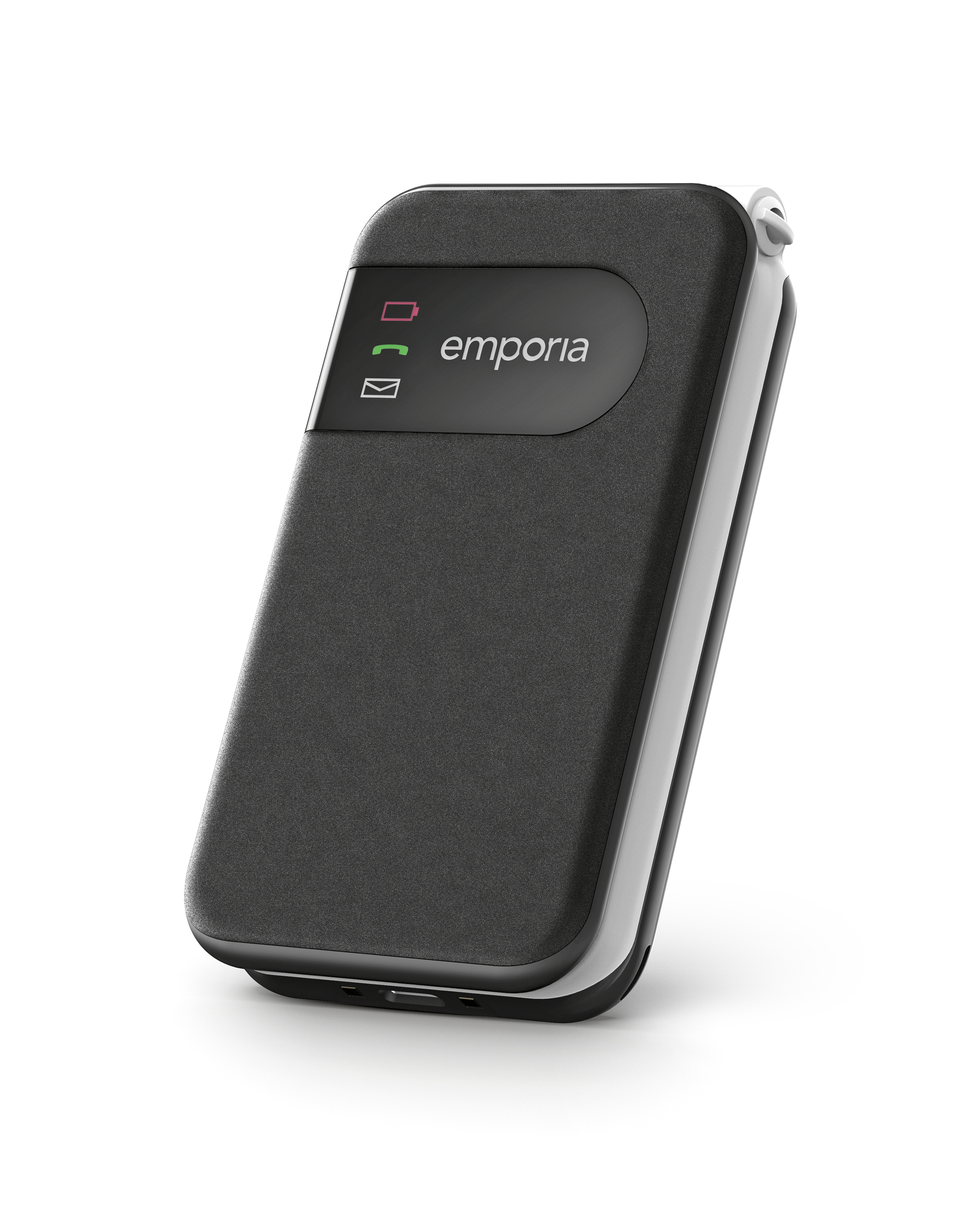 Un telefono Emporia scuro con icone di batteria, chiamata e email.
