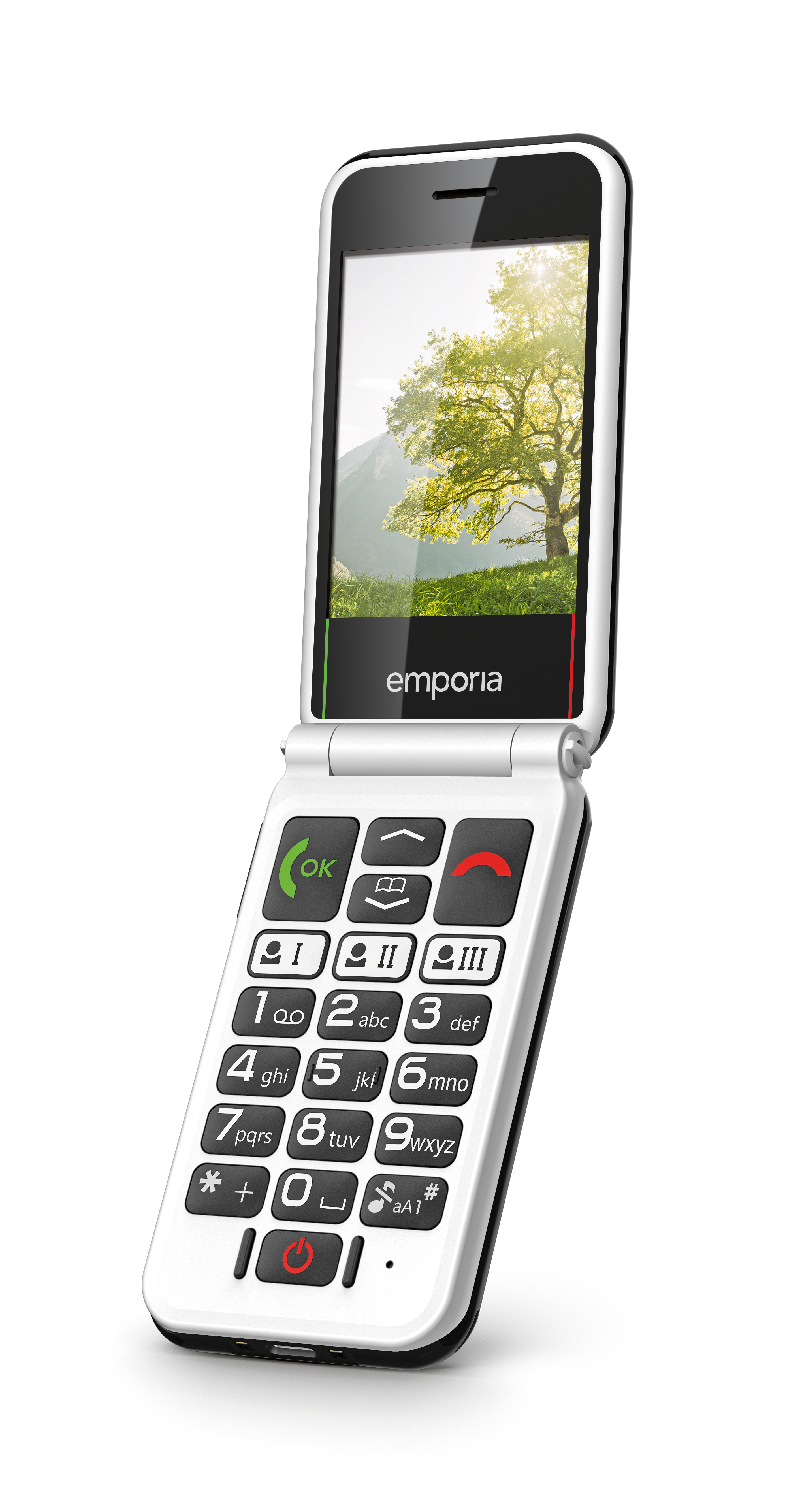 Un telefono flip bianco con schermo grande e tastiera. Lo schermo mostra un paesaggio alberato.