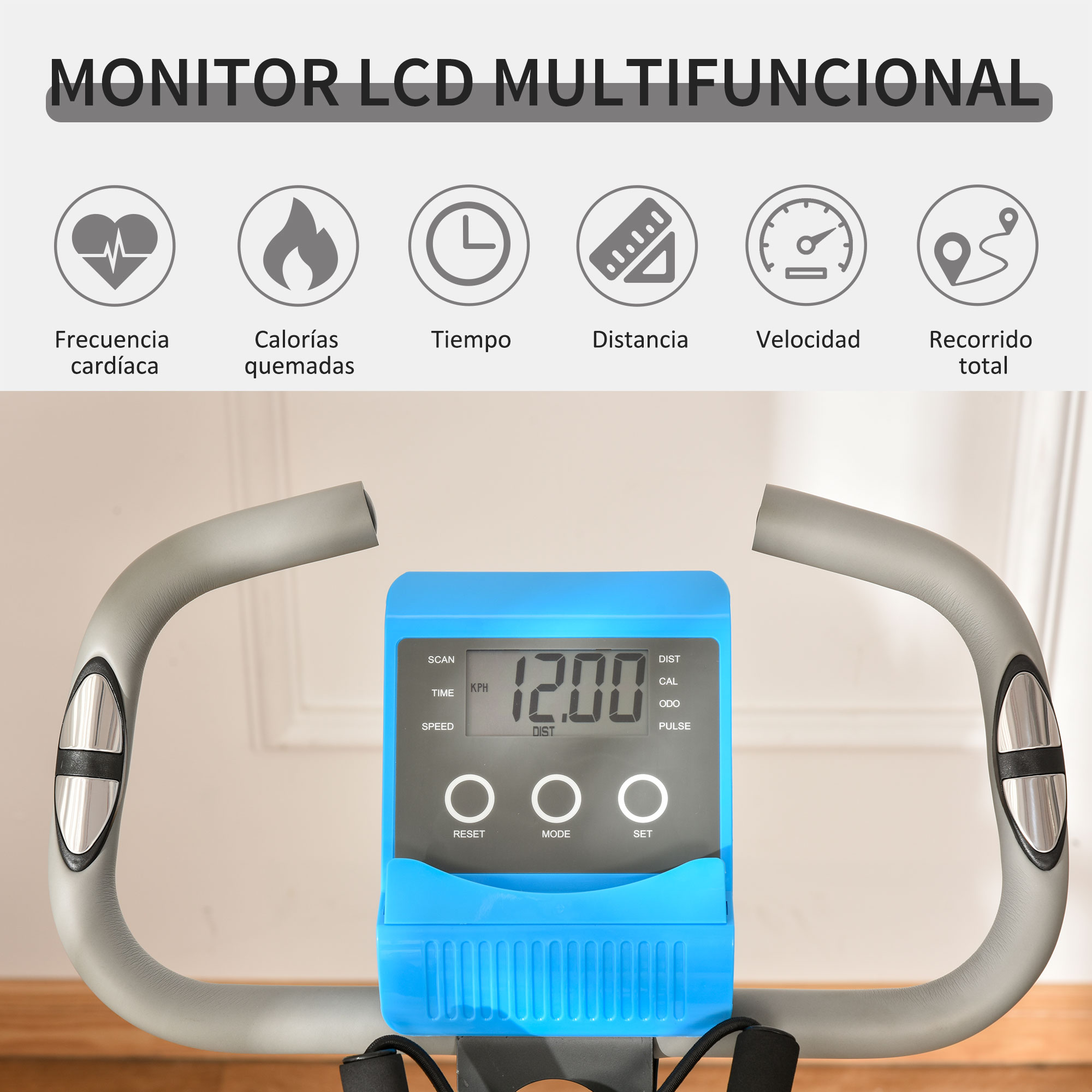 Pantalla LCD de bicicleta estática con iconos de frecuencia cardíaca, calorías, tiempo, distancia.