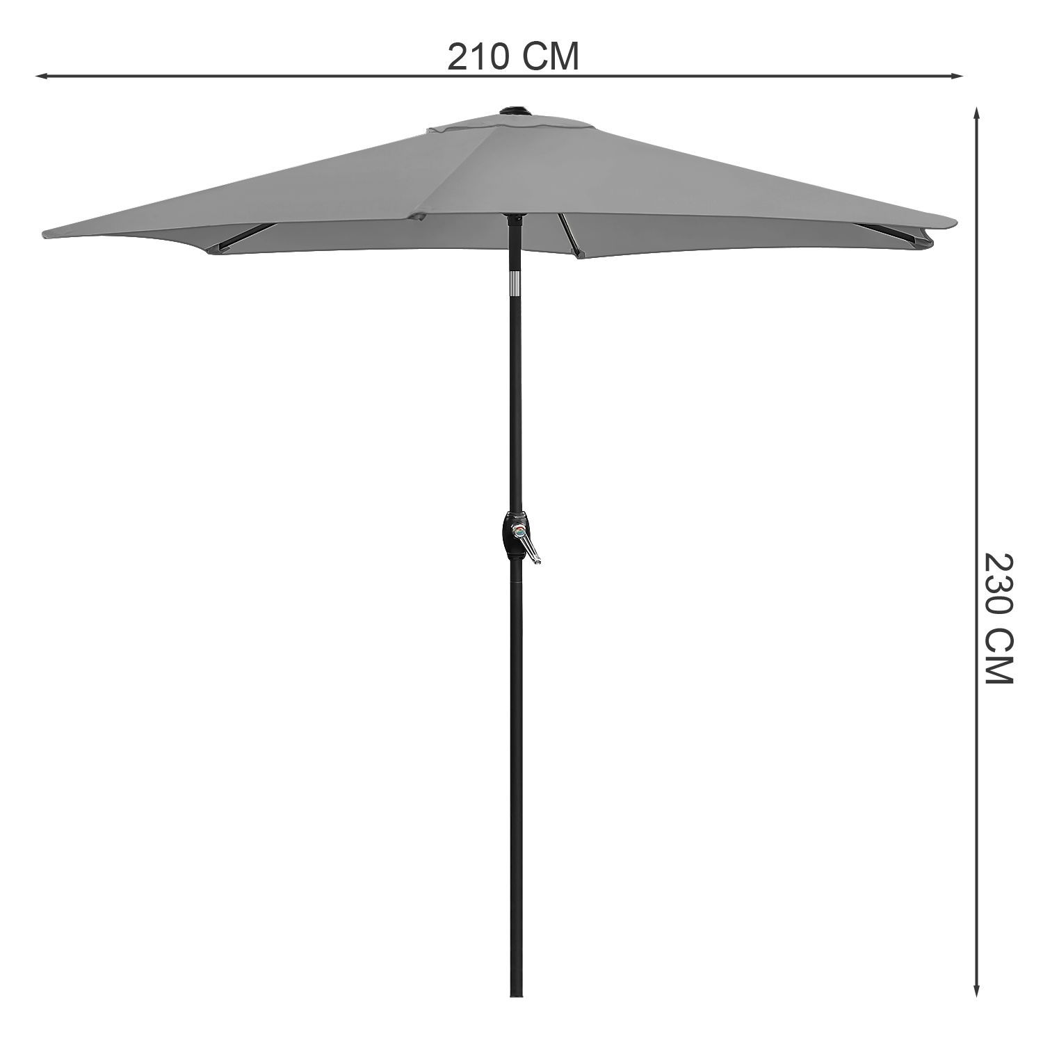 Szary parasol z czarnym stojakiem. Wymiary 210 x 230 cm.