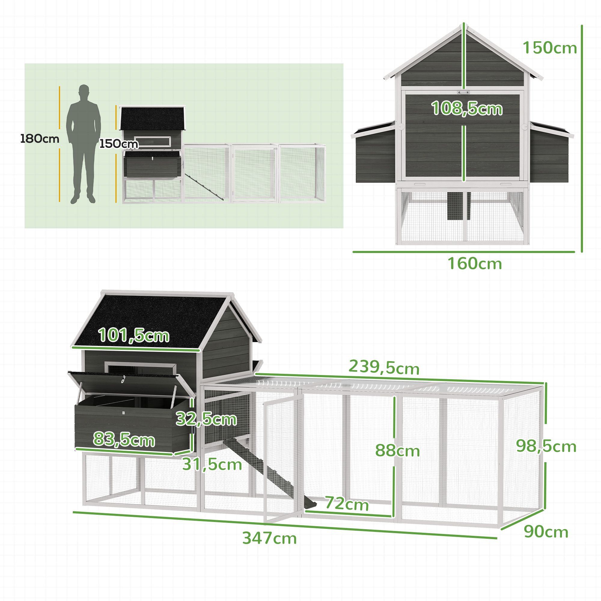 Diagrama que muestra las dimensiones del gallinero: 347cm de largo, 90cm de alto, 160cm de ancho.