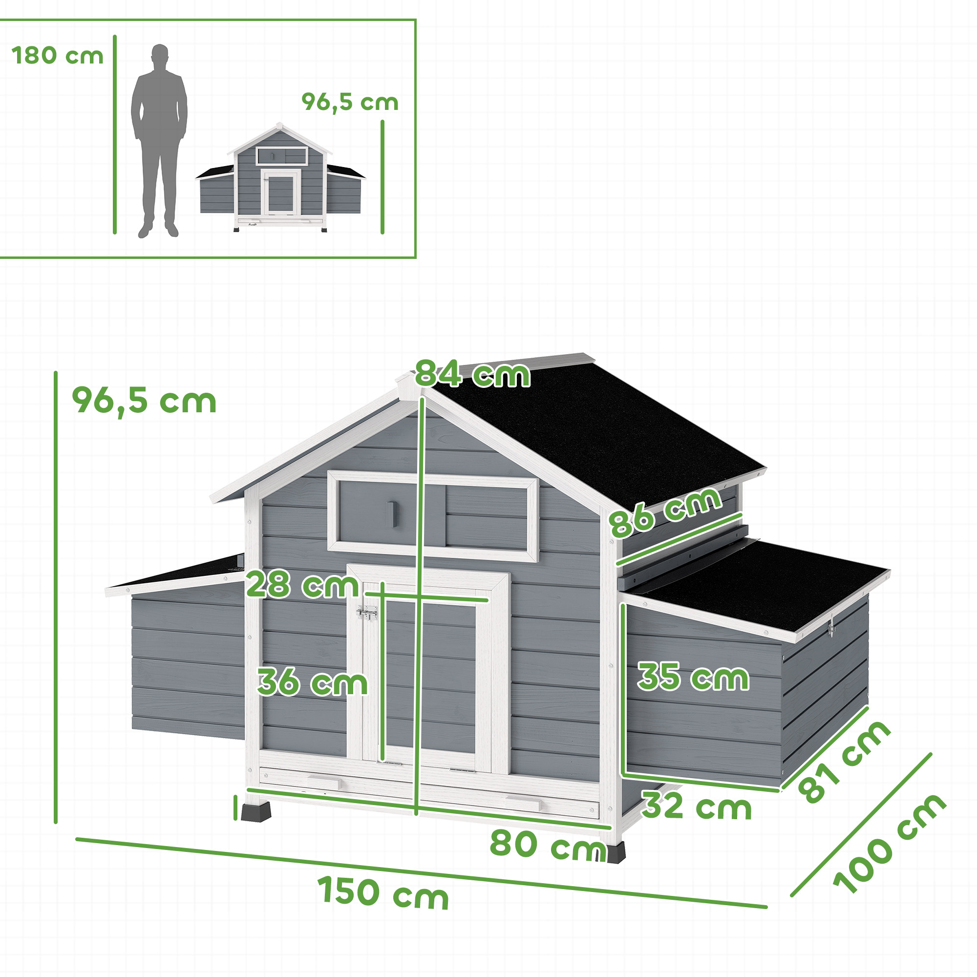 Casa de madera gris con techo negro y detalles blancos, dimensiones mostradas.