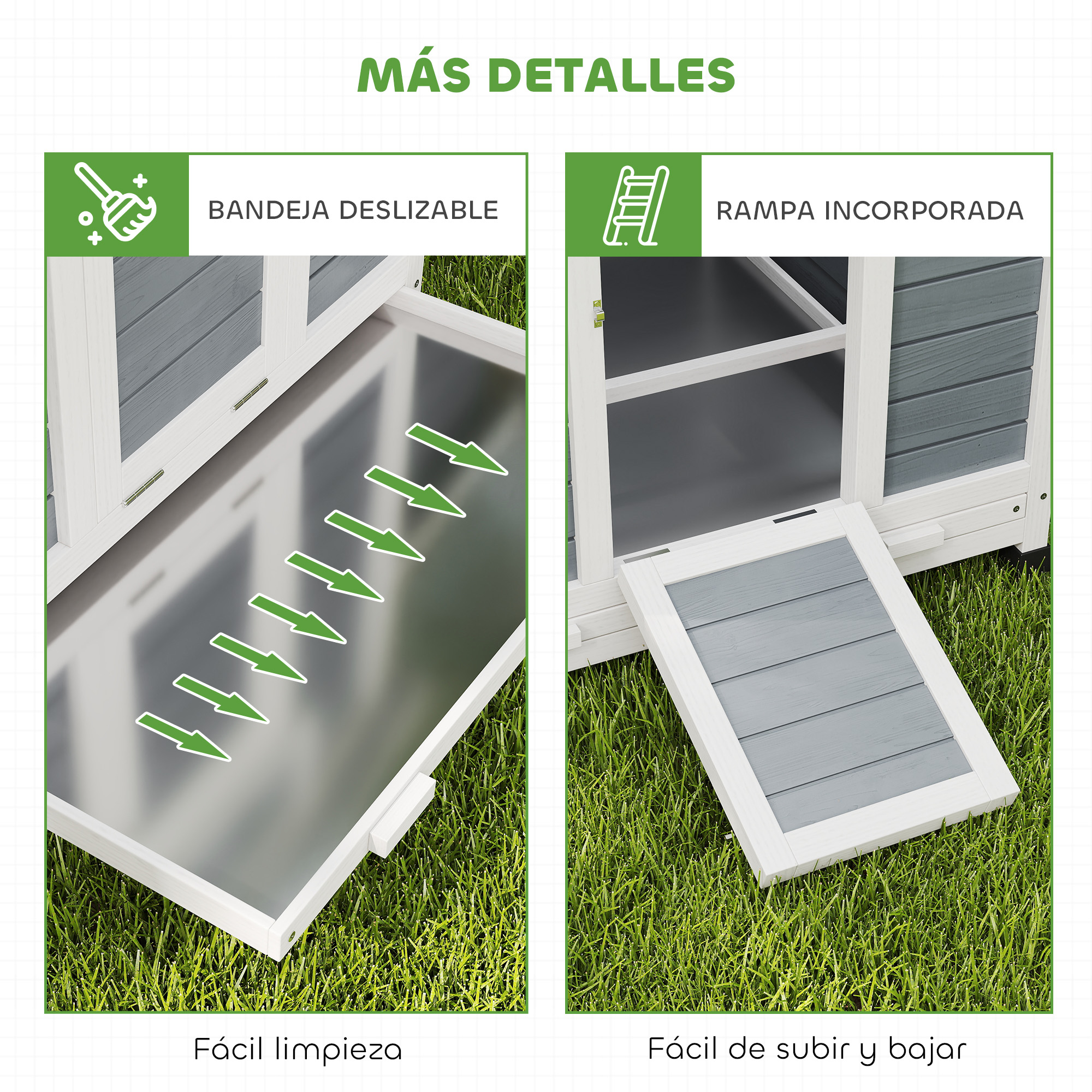 Dos imágenes: Bandeja extraíble con flechas, rampa con icono de escalera.