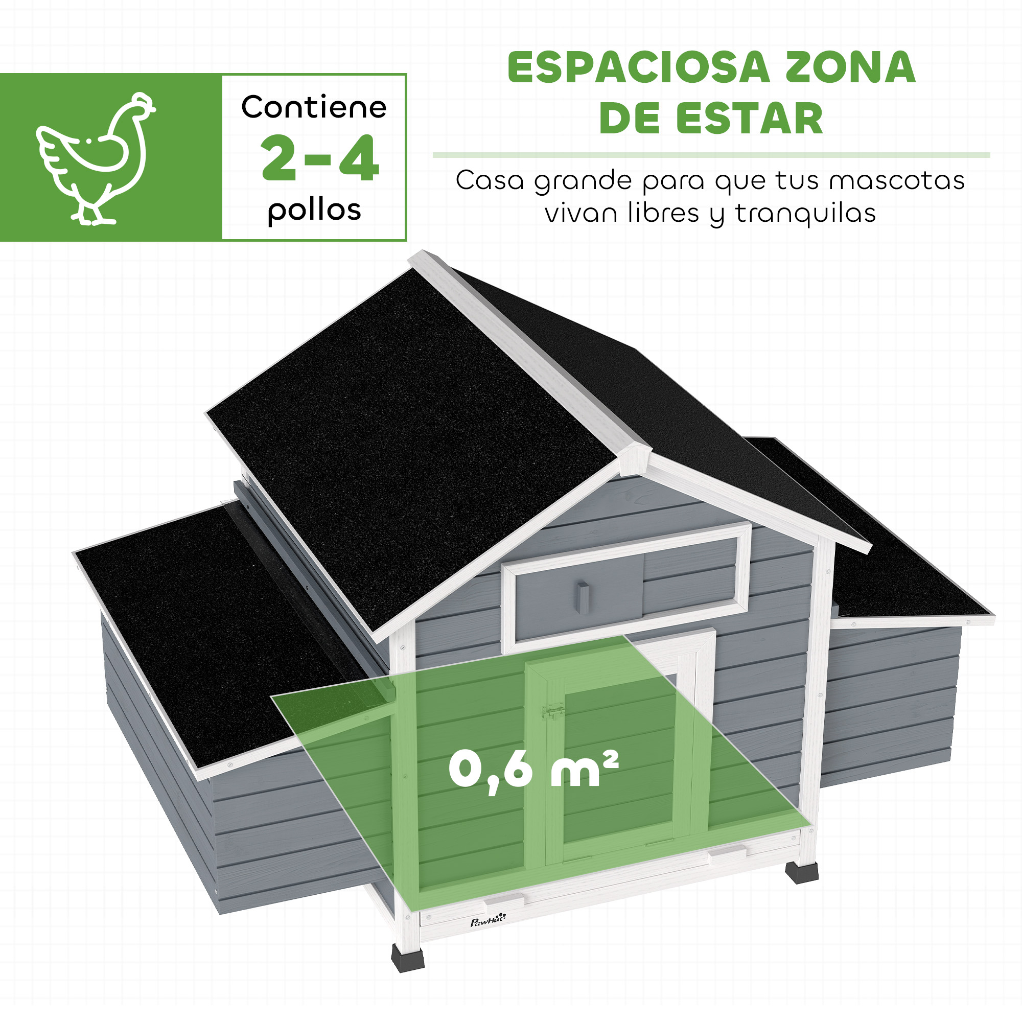 Gallinero gris con techo negro y espacio exterior de 0,6 m².
