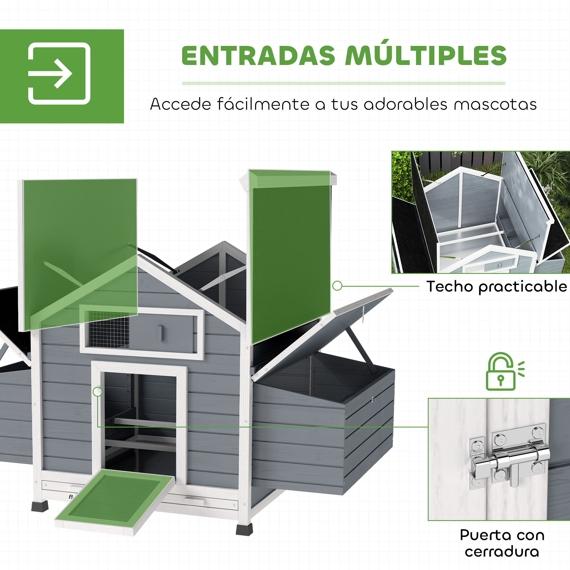 Un gallinero gris con múltiples entradas y características de ventilación.