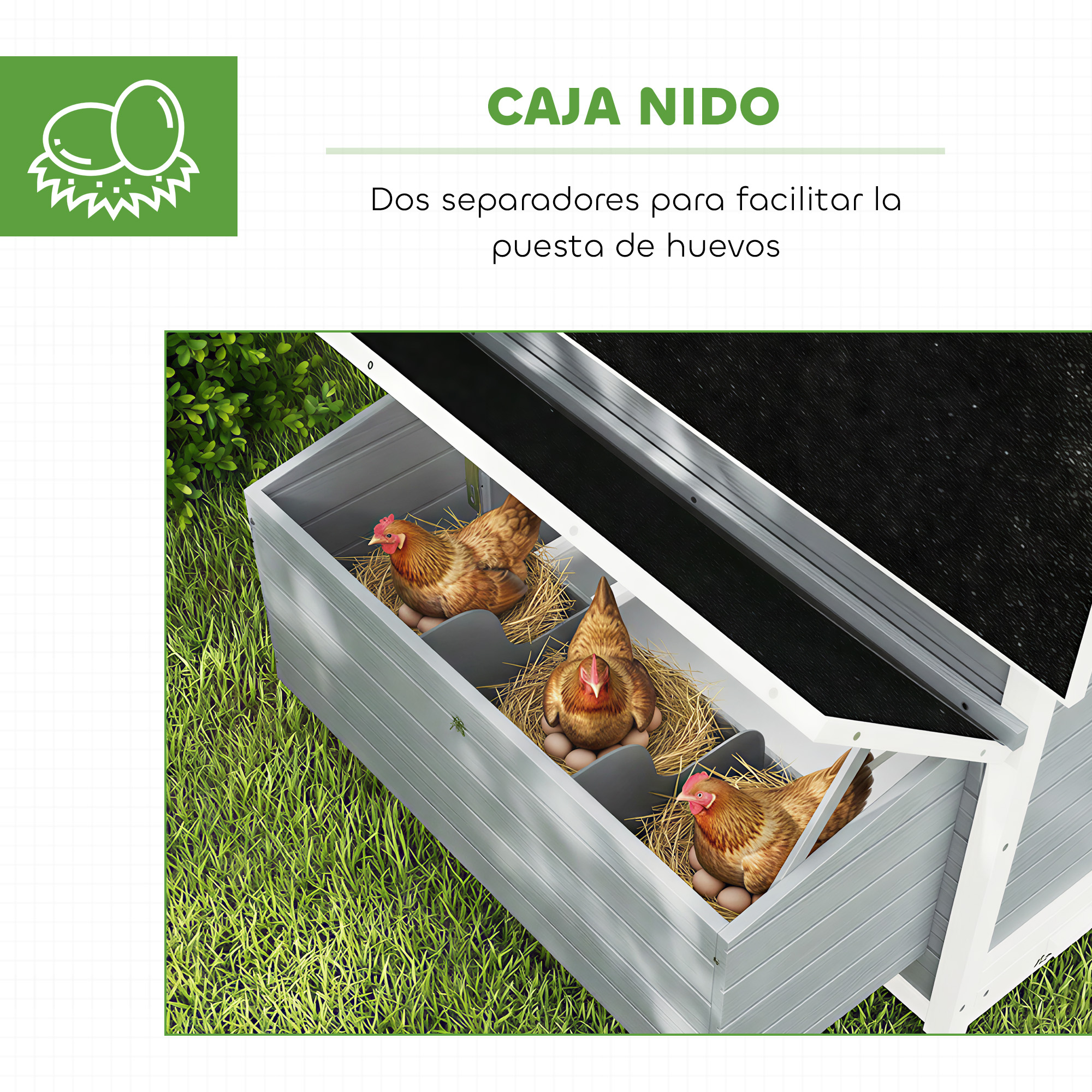 Tres gallinas sentadas en una caja nido de madera con paja y huevos.