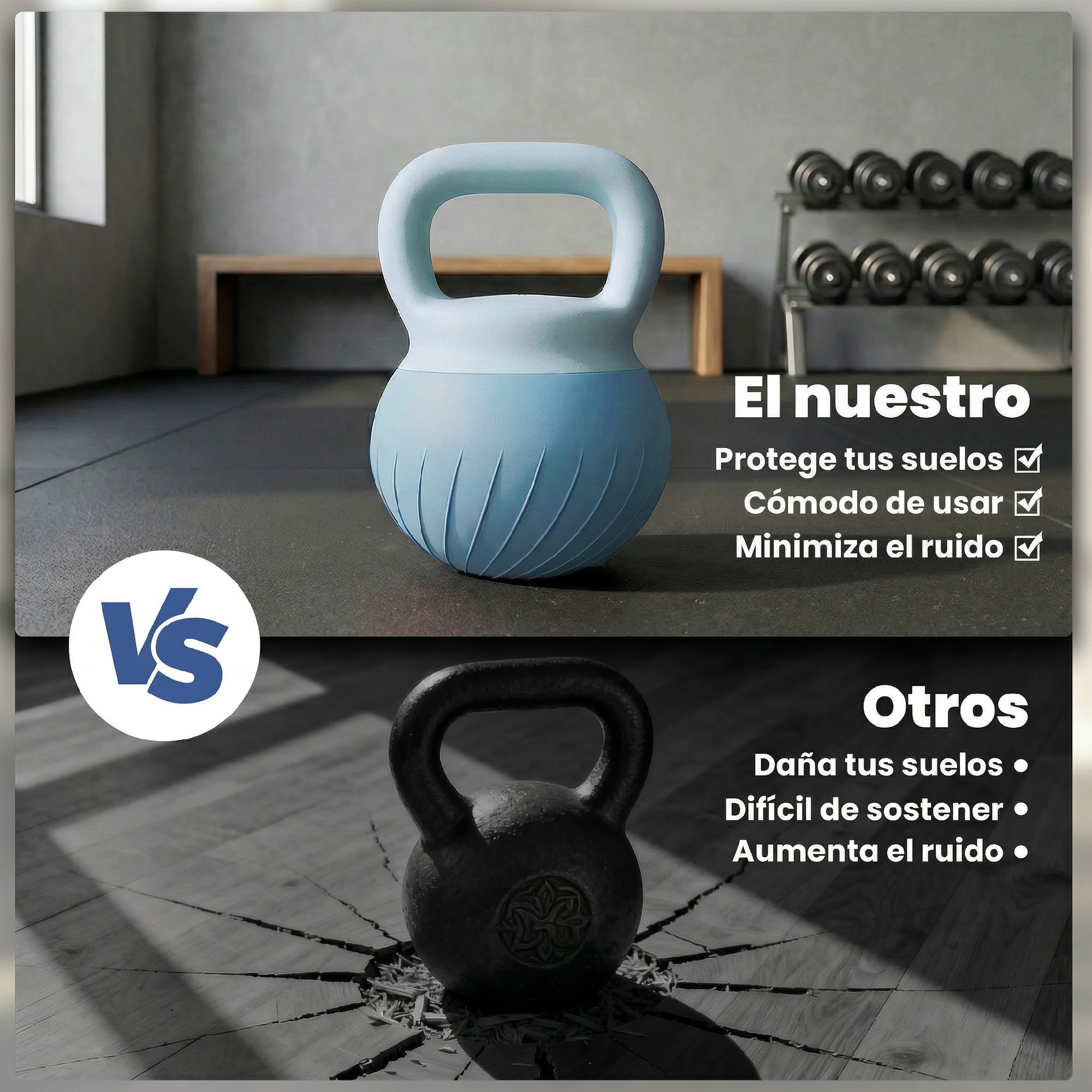 Comparación de dos pesas rusas: una azul, una negra dañando el suelo.