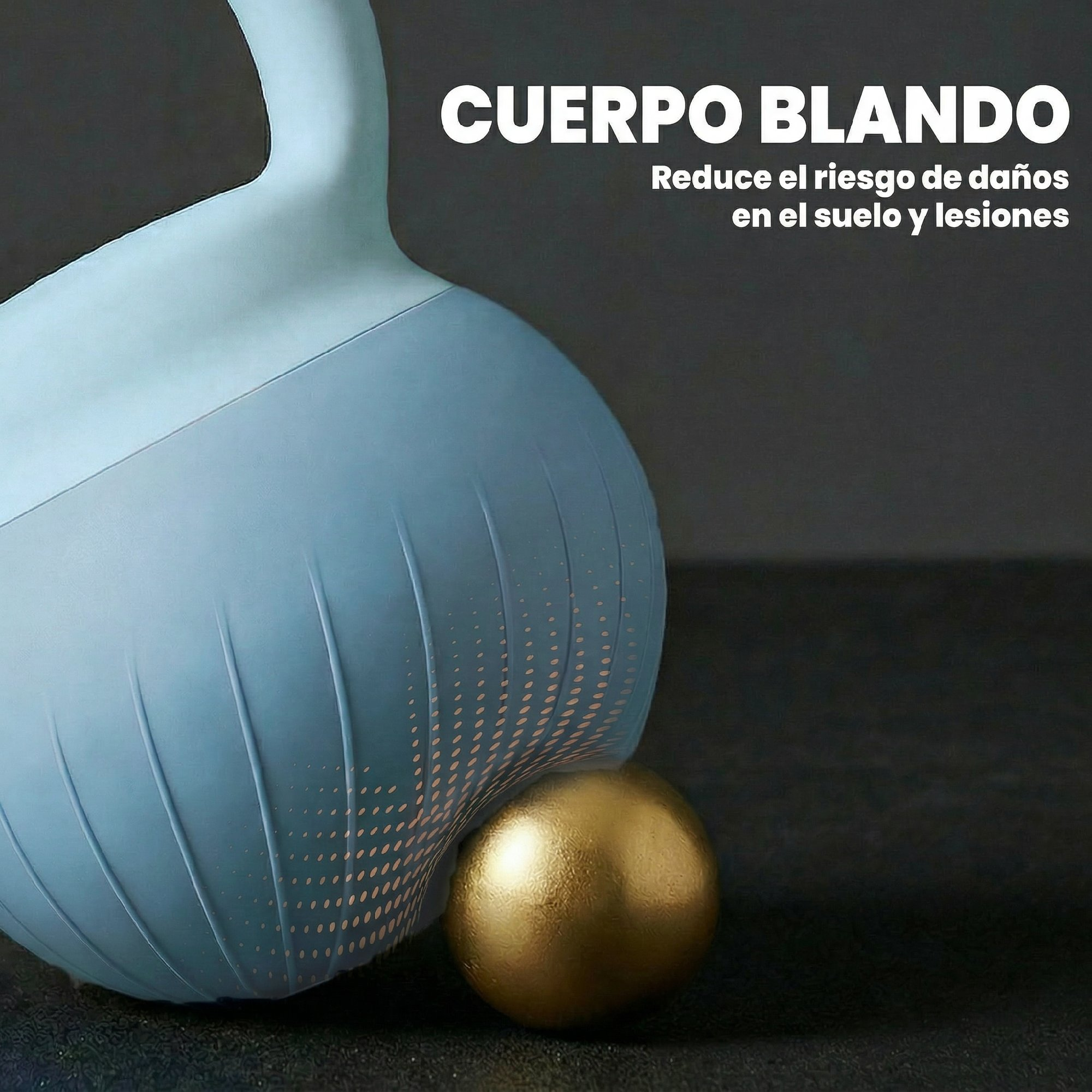 Una esfera azul con una bola dorada debajo sobre una superficie oscura.