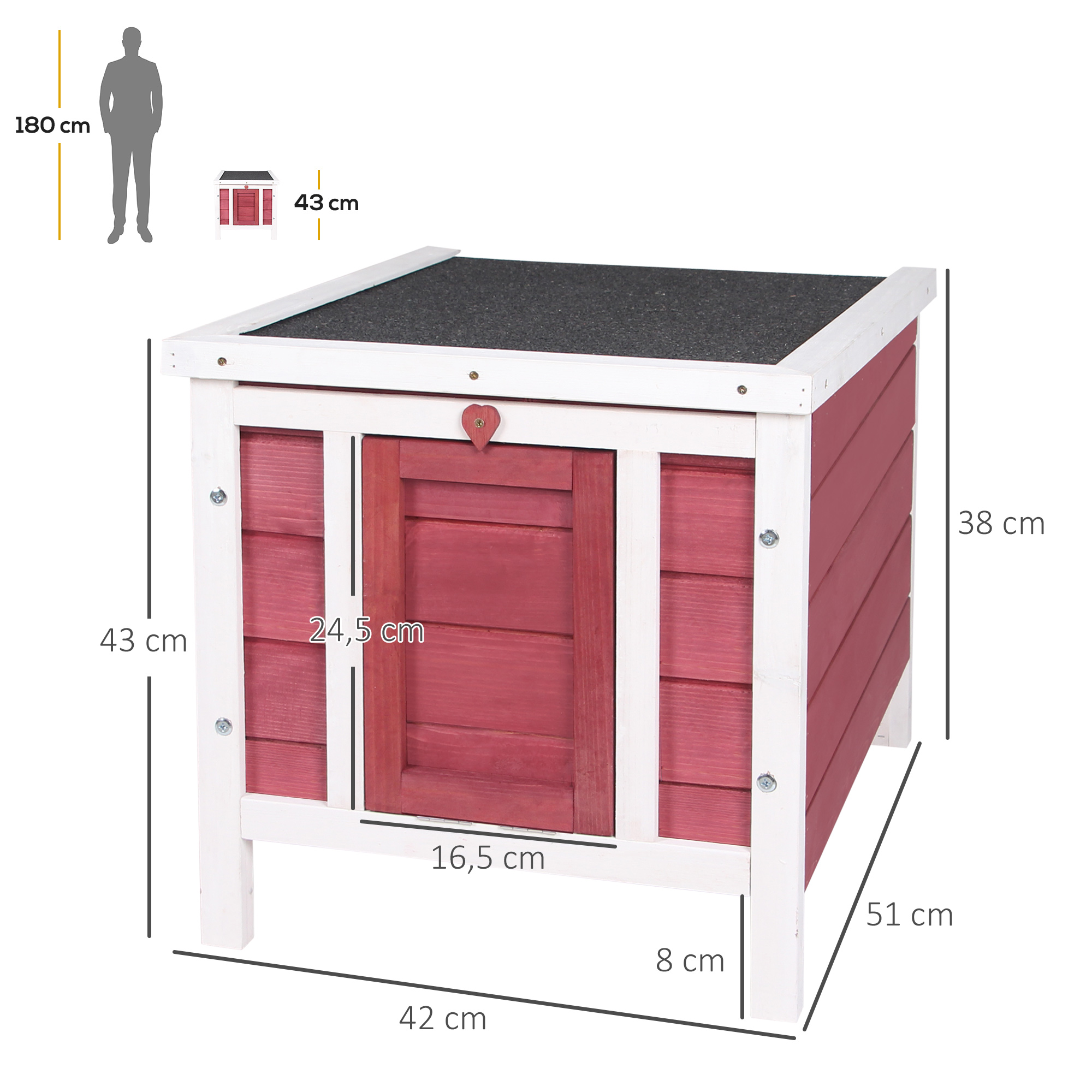 Una casa de mascotas de madera roja y blanca con dimensiones. Figura de 180cm para escala.