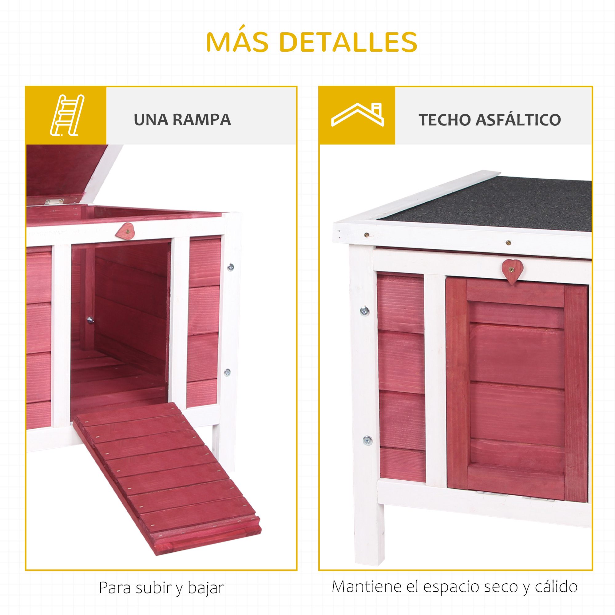 Una jaula roja con rampa y techo asfáltico. Se muestran detalles.