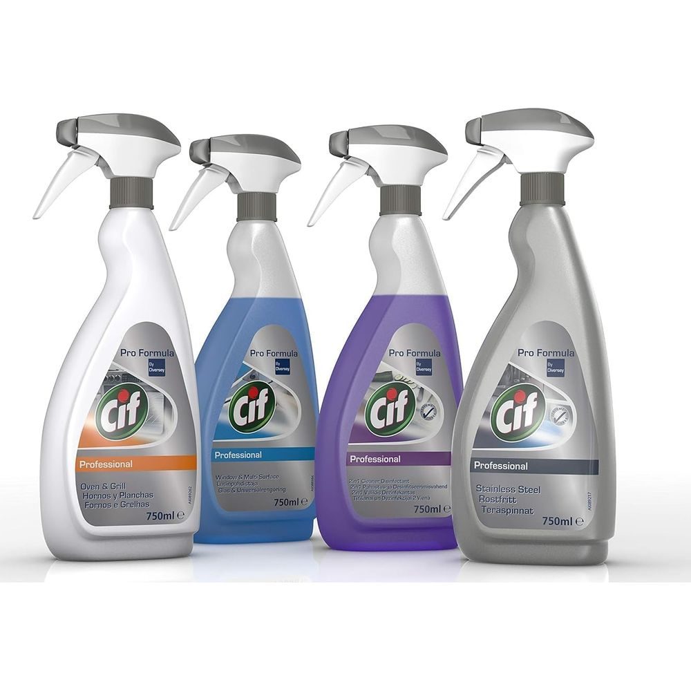 Quattro flaconi spray Cif Professional: per Forno/Grill, Vetri, Multiuso, Acciaio Inox.
