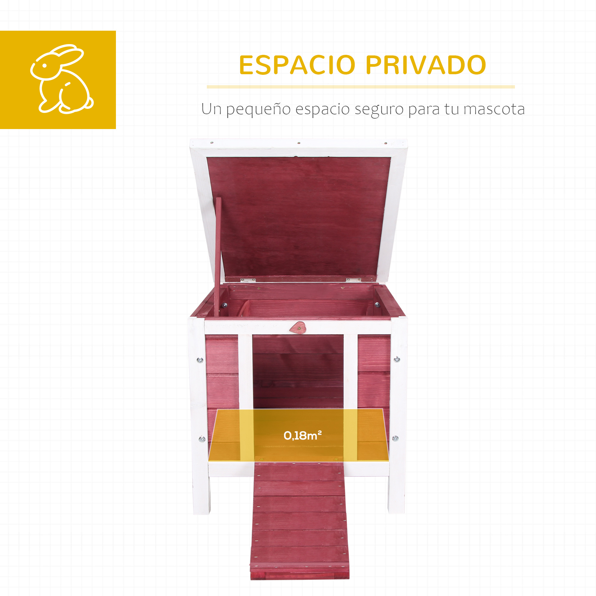 Una conejera roja y blanca con rampa y techo abierto.